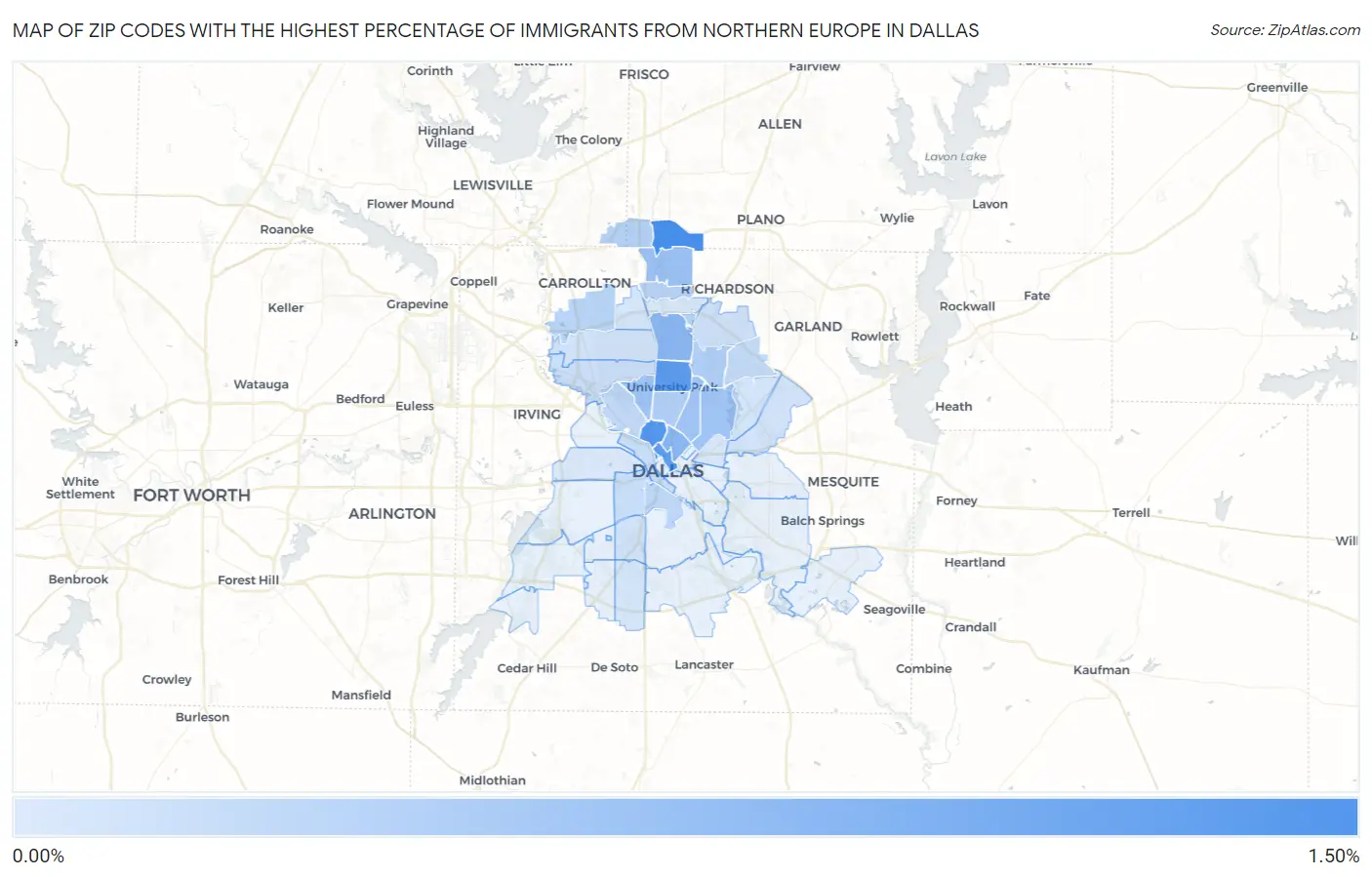 Zip Codes with the Highest Percentage of Immigrants from Northern Europe in Dallas Map