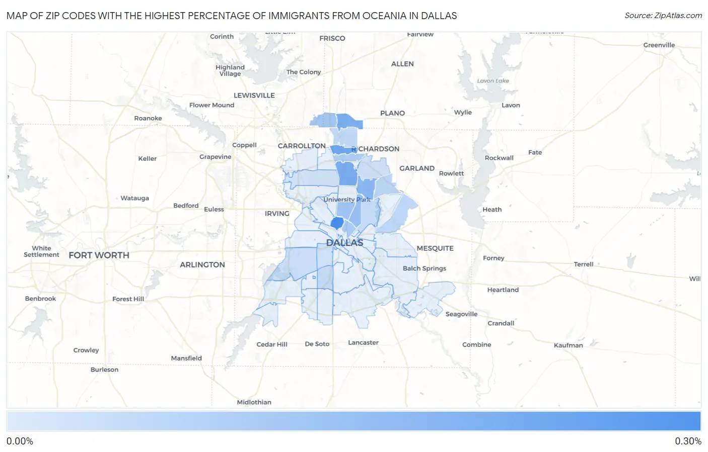Zip Codes with the Highest Percentage of Immigrants from Oceania in Dallas Map