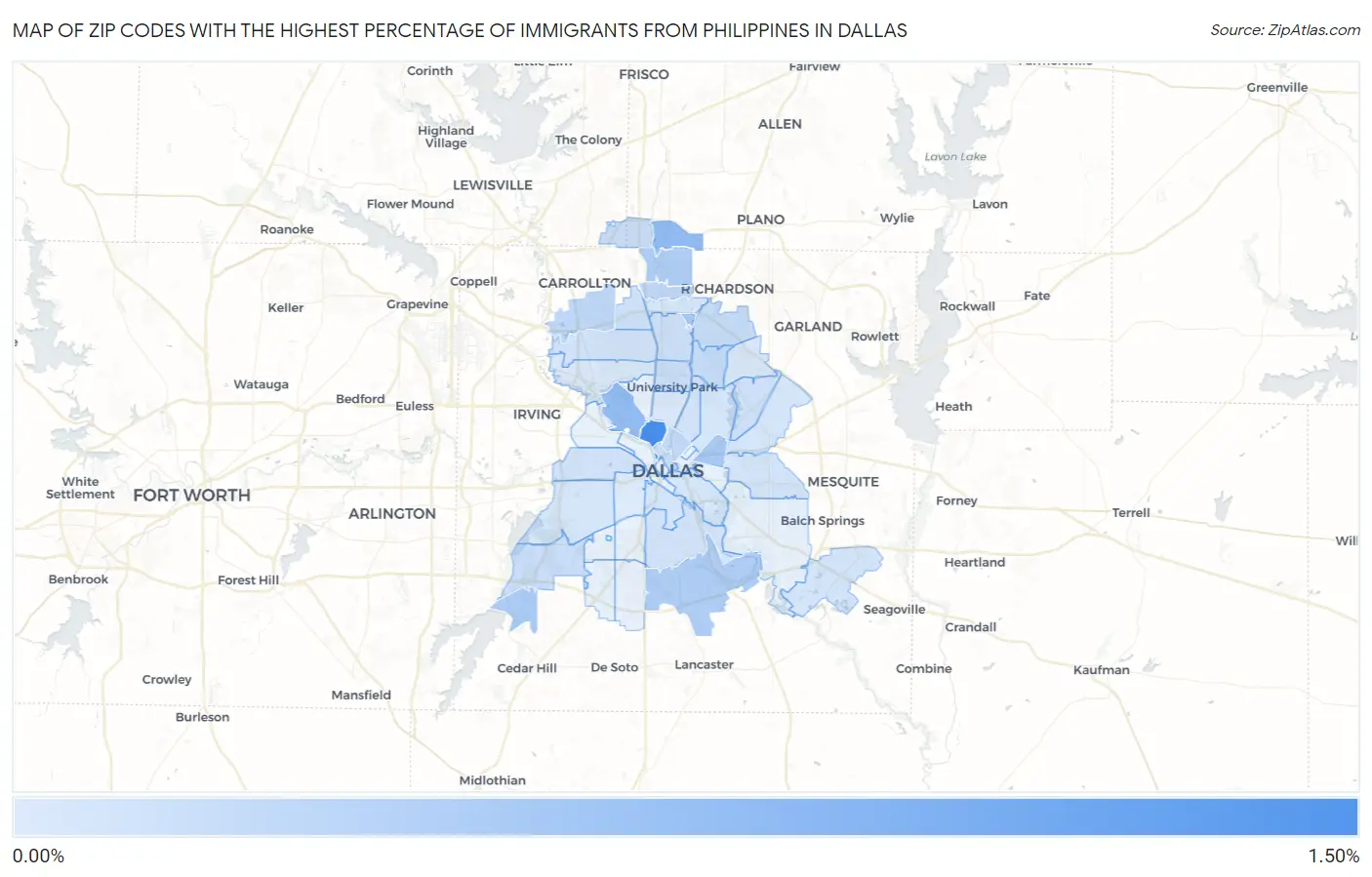 Zip Codes with the Highest Percentage of Immigrants from Philippines in Dallas Map