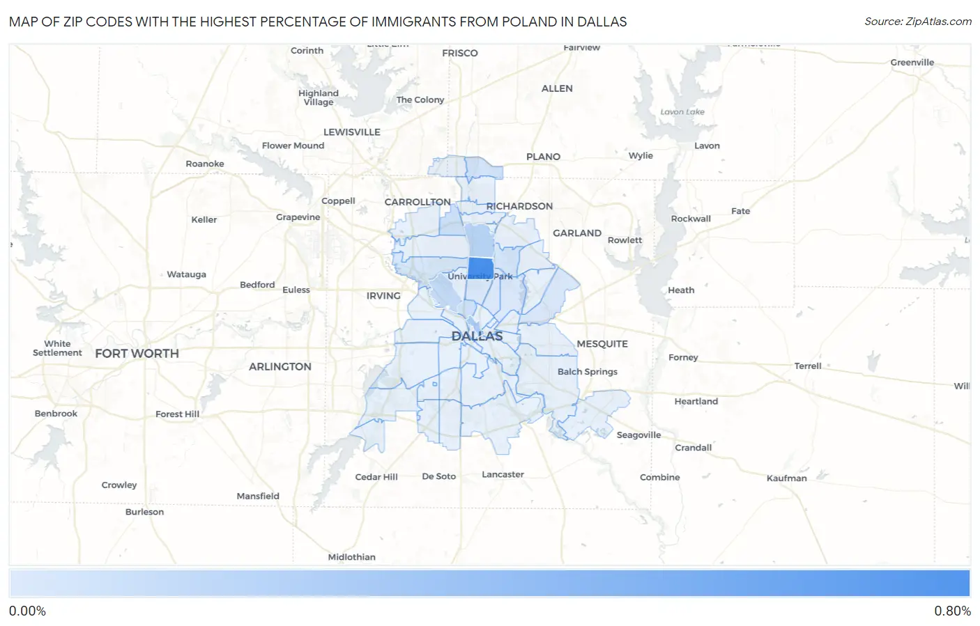 Zip Codes with the Highest Percentage of Immigrants from Poland in Dallas Map