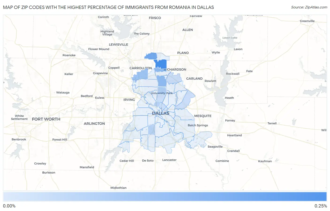 Zip Codes with the Highest Percentage of Immigrants from Romania in Dallas Map