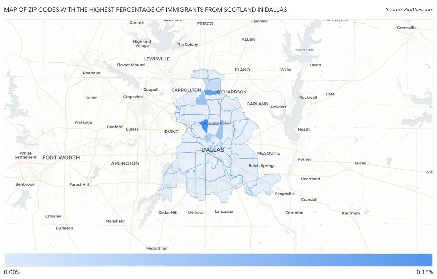Zip Codes with the Highest Percentage of Immigrants from Scotland in Dallas Map