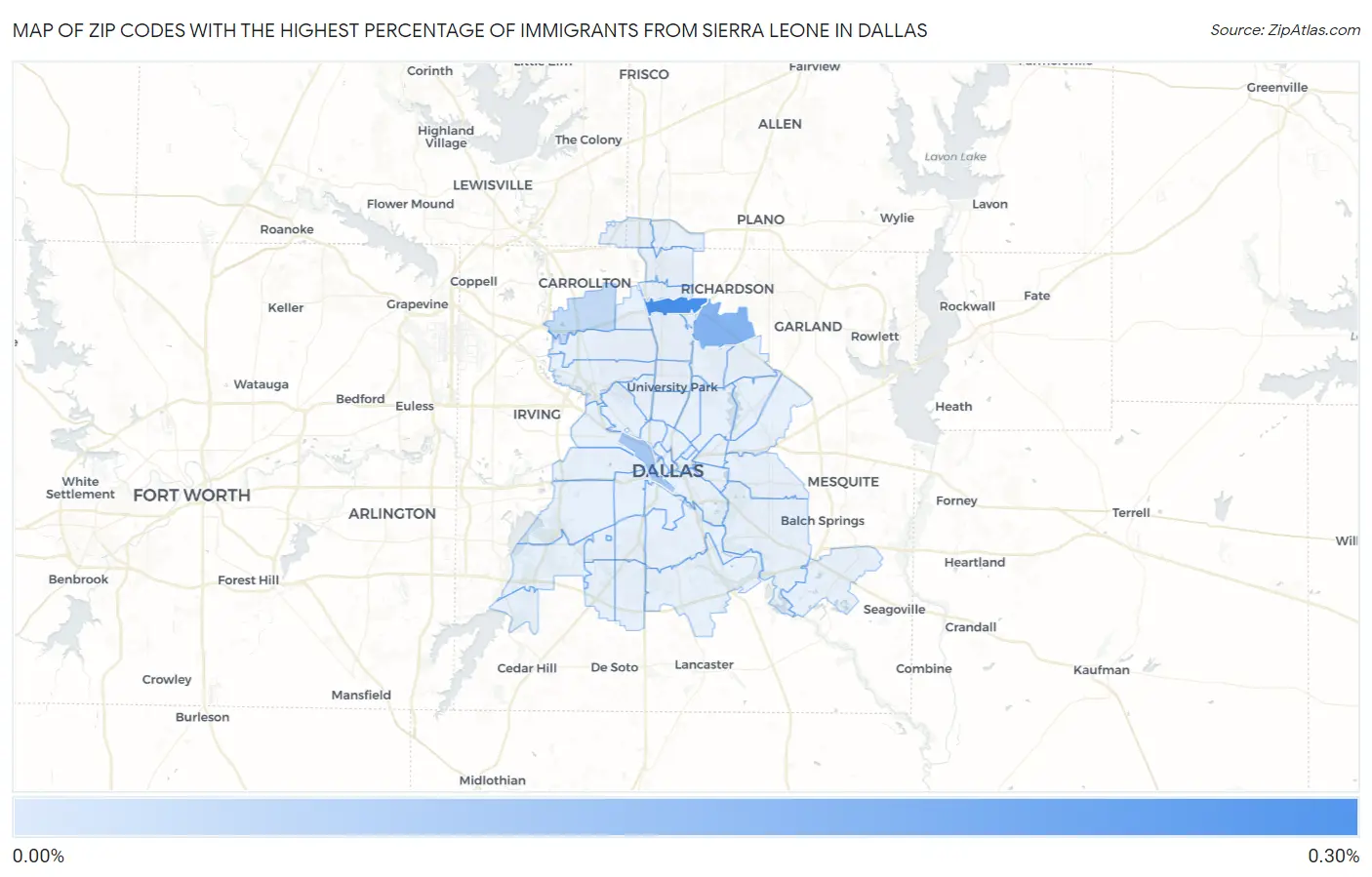 Zip Codes with the Highest Percentage of Immigrants from Sierra Leone in Dallas Map