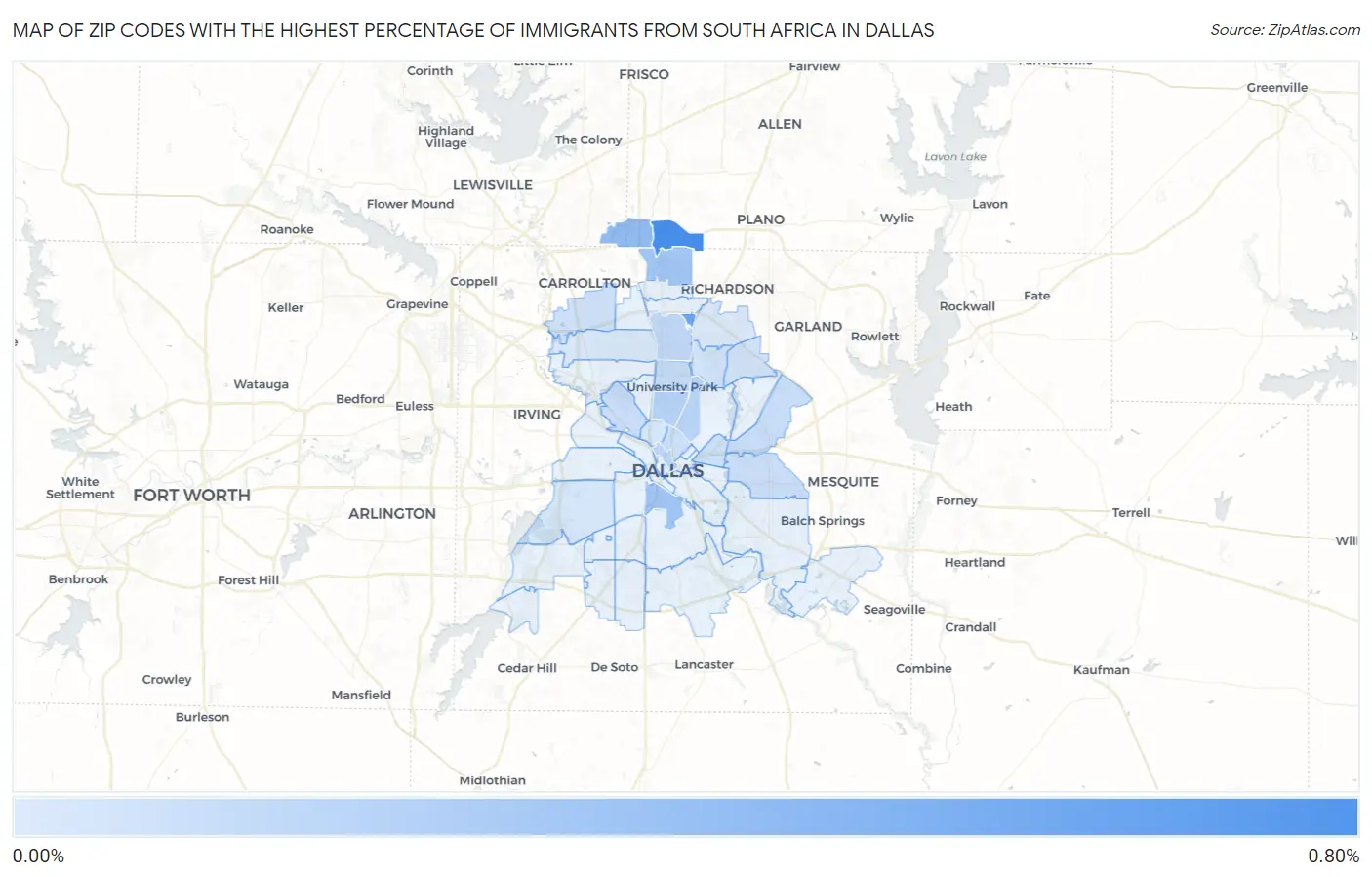 Zip Codes with the Highest Percentage of Immigrants from South Africa in Dallas Map