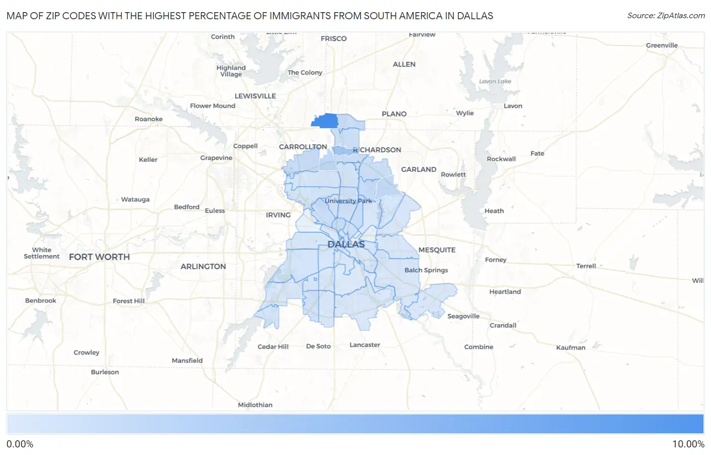 Zip Codes with the Highest Percentage of Immigrants from South America in Dallas Map