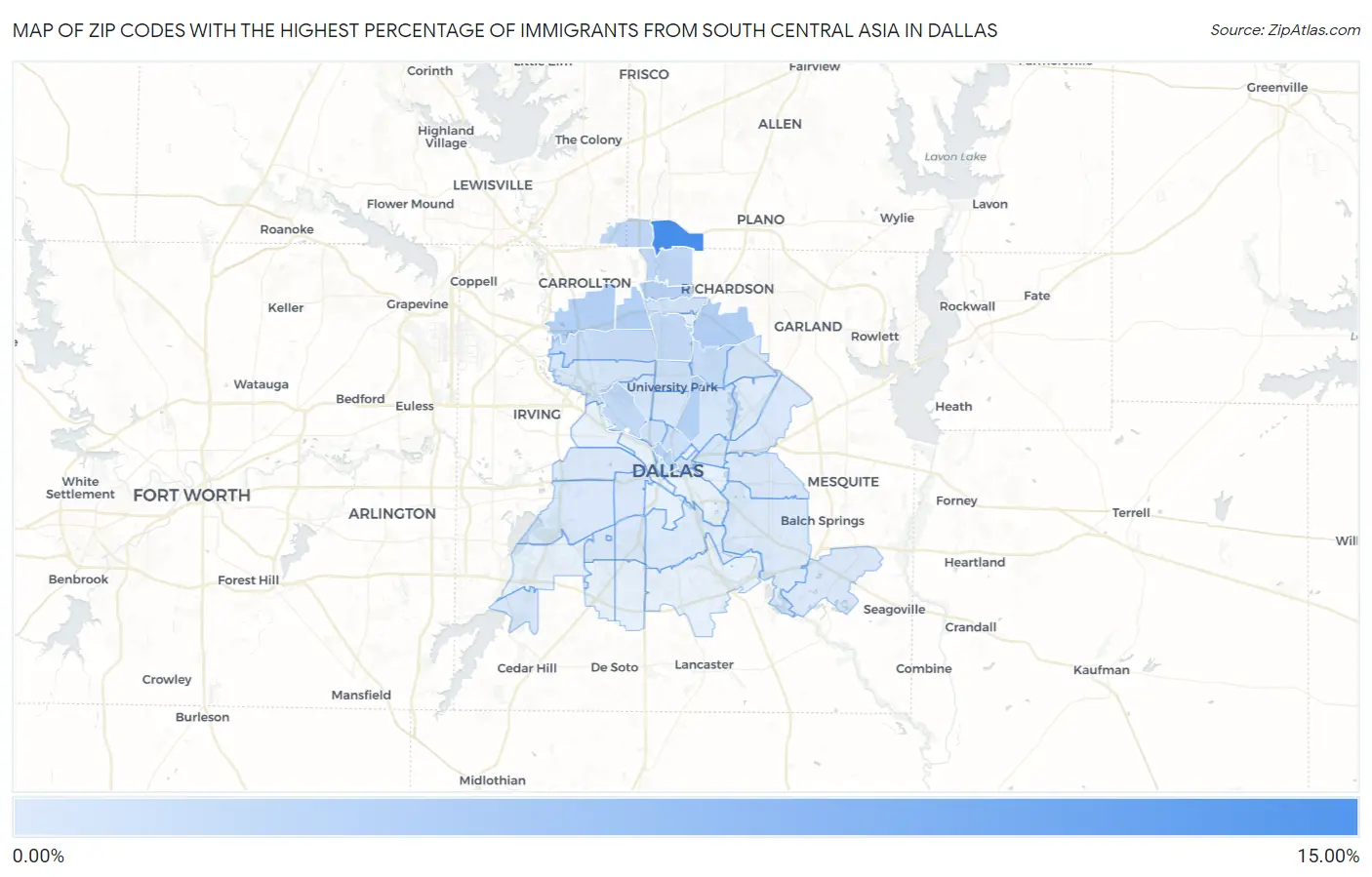 Zip Codes with the Highest Percentage of Immigrants from South Central Asia in Dallas Map