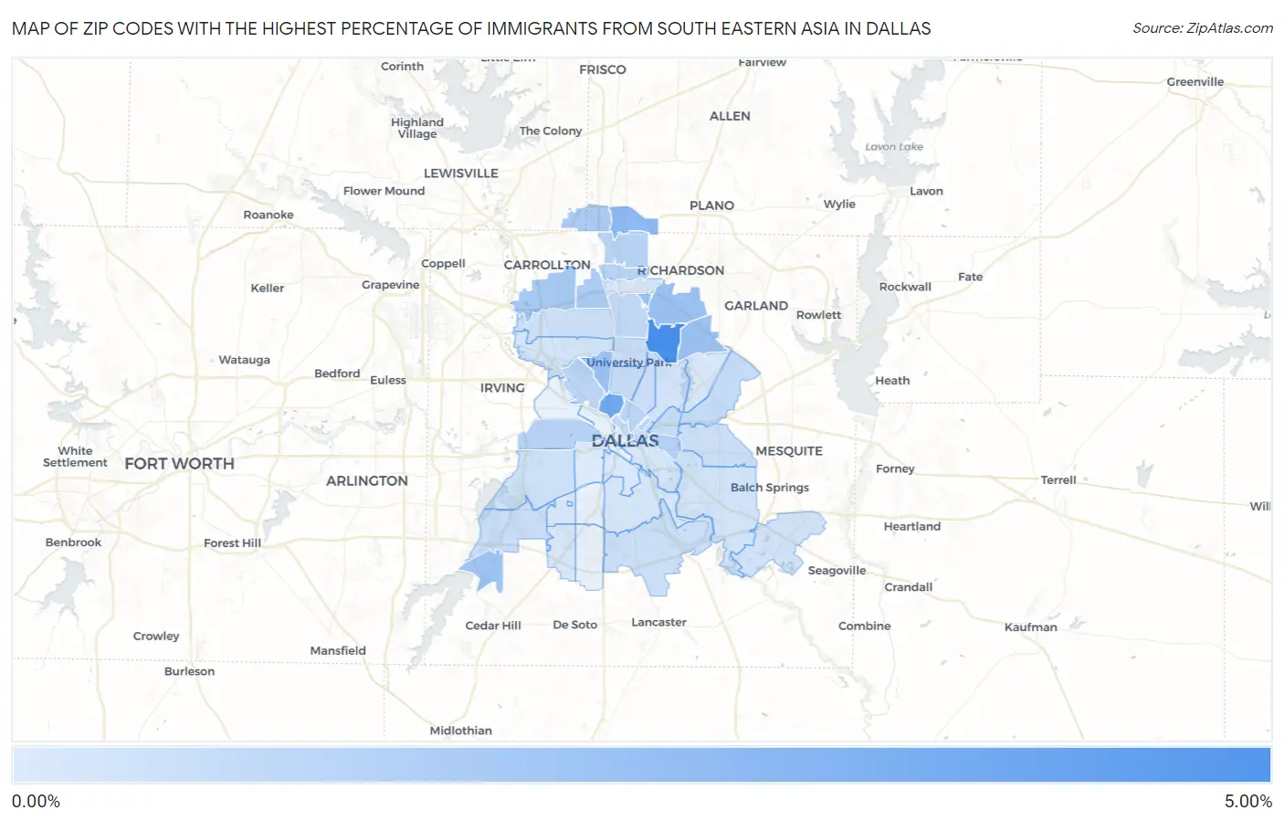 Zip Codes with the Highest Percentage of Immigrants from South Eastern Asia in Dallas Map