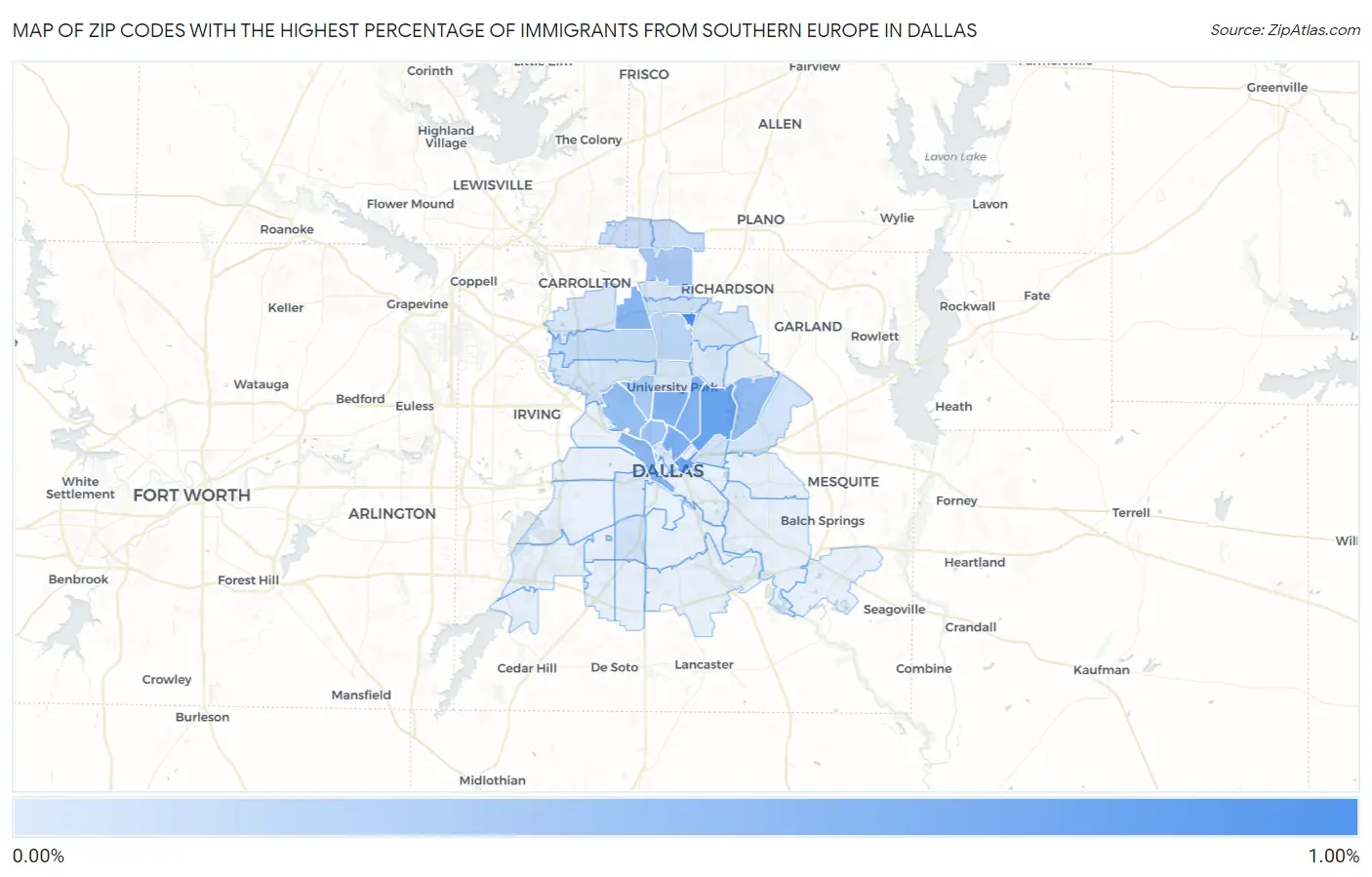 Zip Codes with the Highest Percentage of Immigrants from Southern Europe in Dallas Map