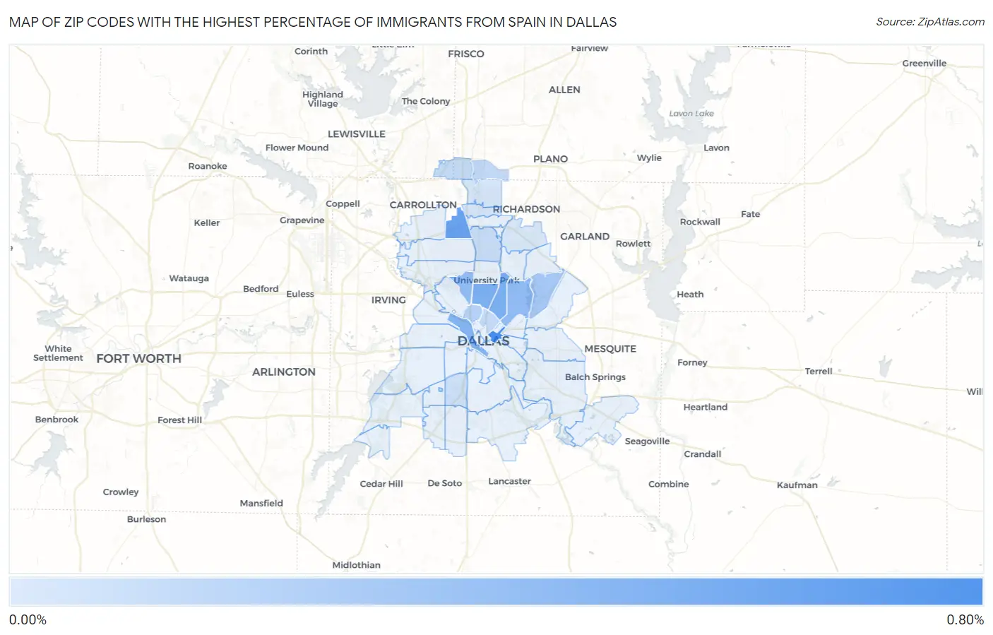 Zip Codes with the Highest Percentage of Immigrants from Spain in Dallas Map