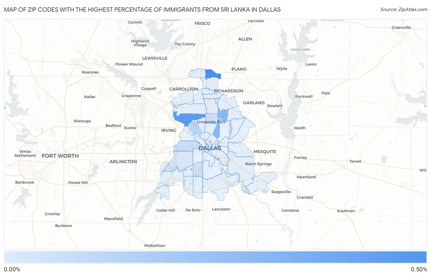 Zip Codes with the Highest Percentage of Immigrants from Sri Lanka in Dallas Map