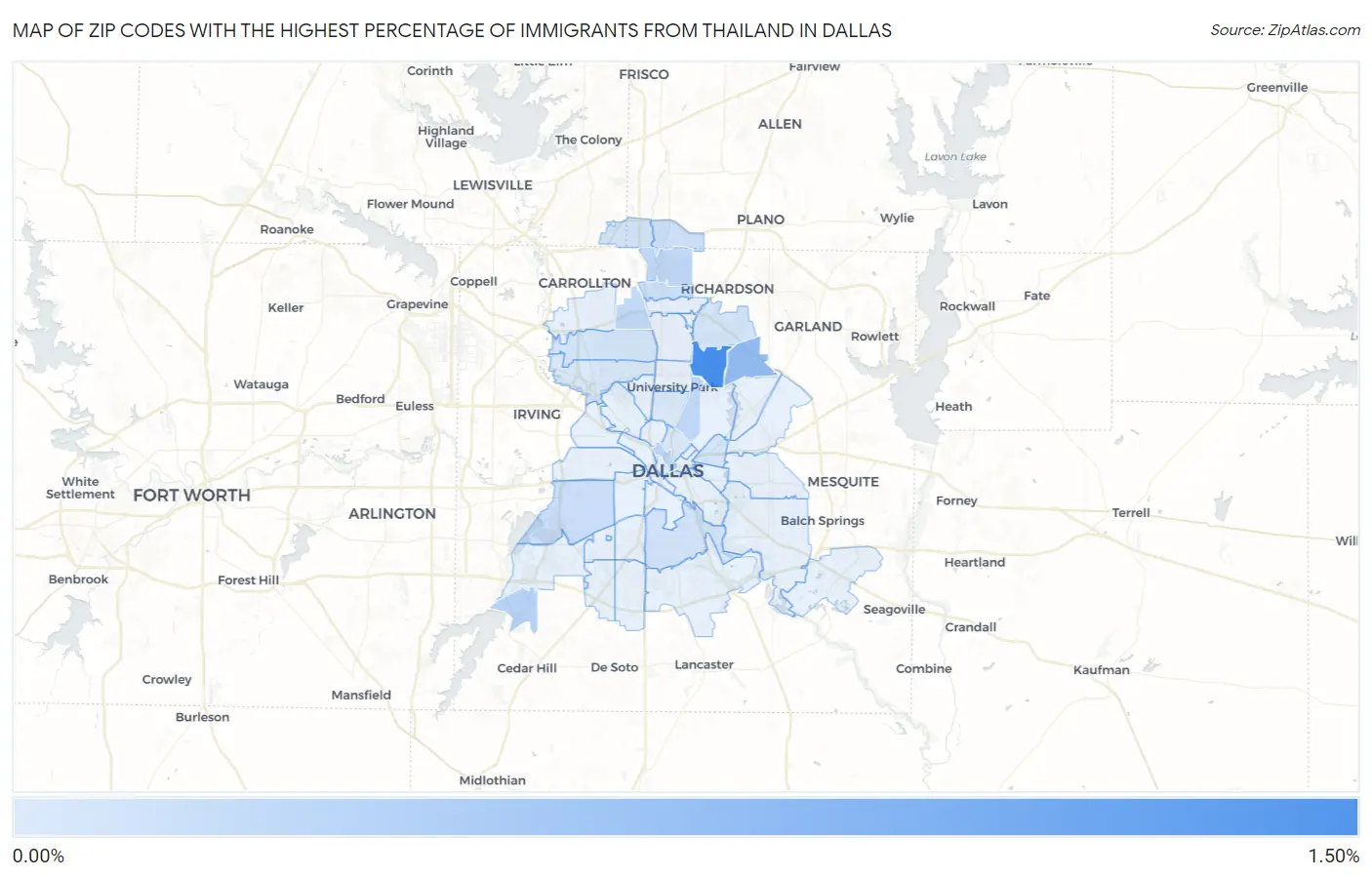 Zip Codes with the Highest Percentage of Immigrants from Thailand in Dallas Map