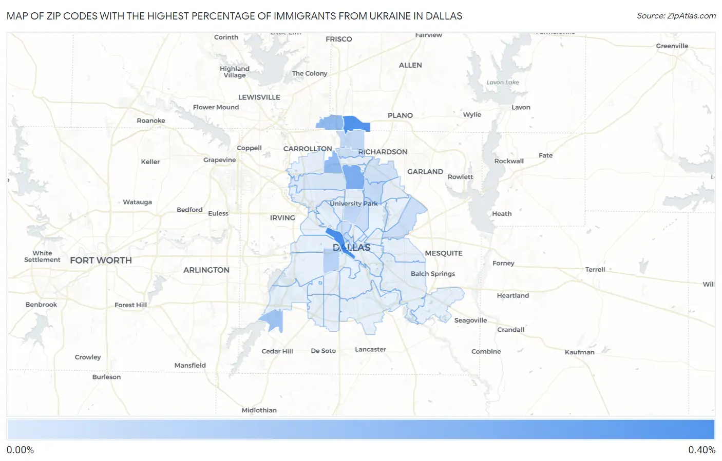 Zip Codes with the Highest Percentage of Immigrants from Ukraine in Dallas Map