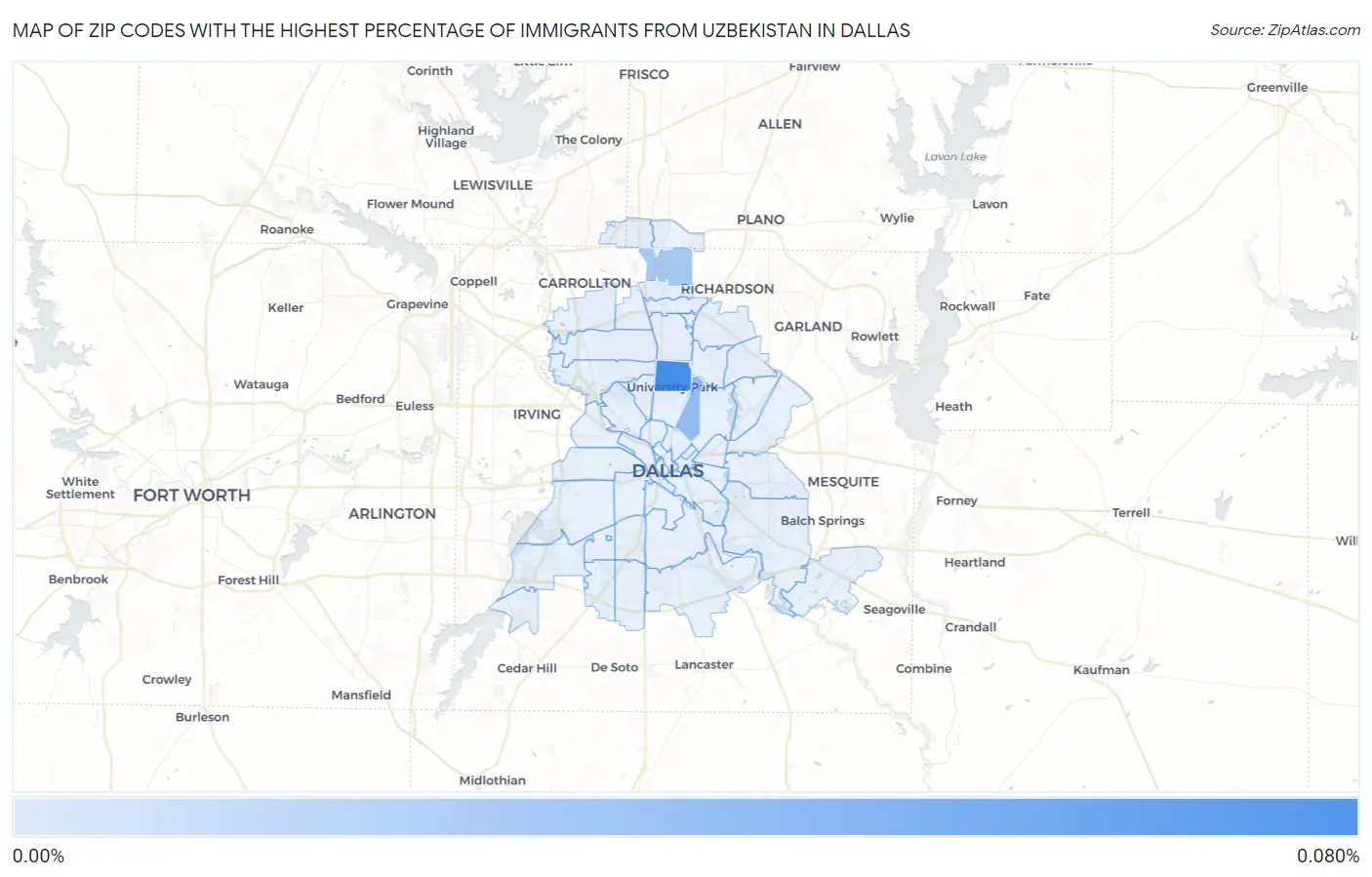 Zip Codes with the Highest Percentage of Immigrants from Uzbekistan in Dallas Map