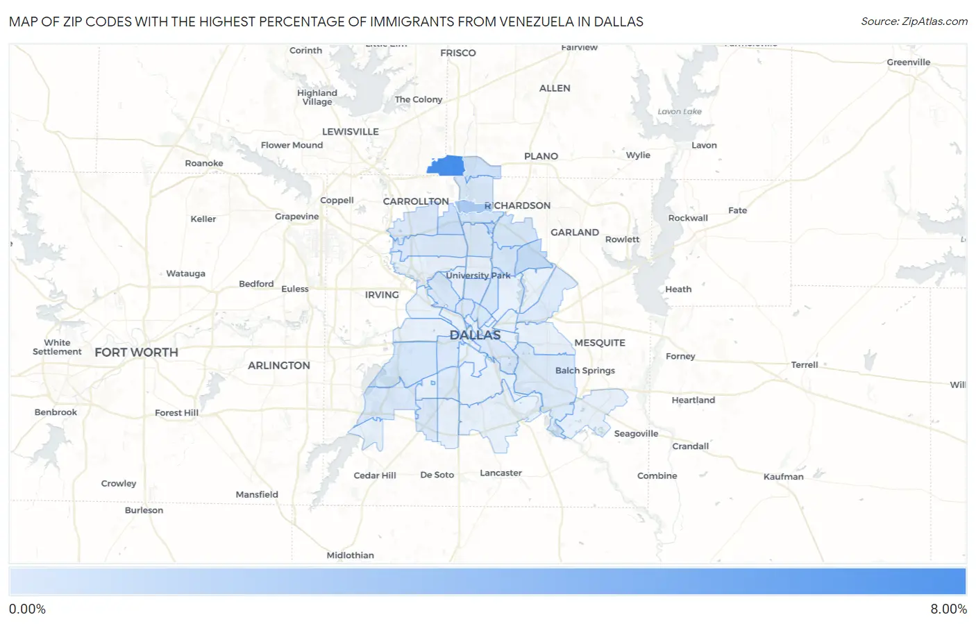 Zip Codes with the Highest Percentage of Immigrants from Venezuela in Dallas Map