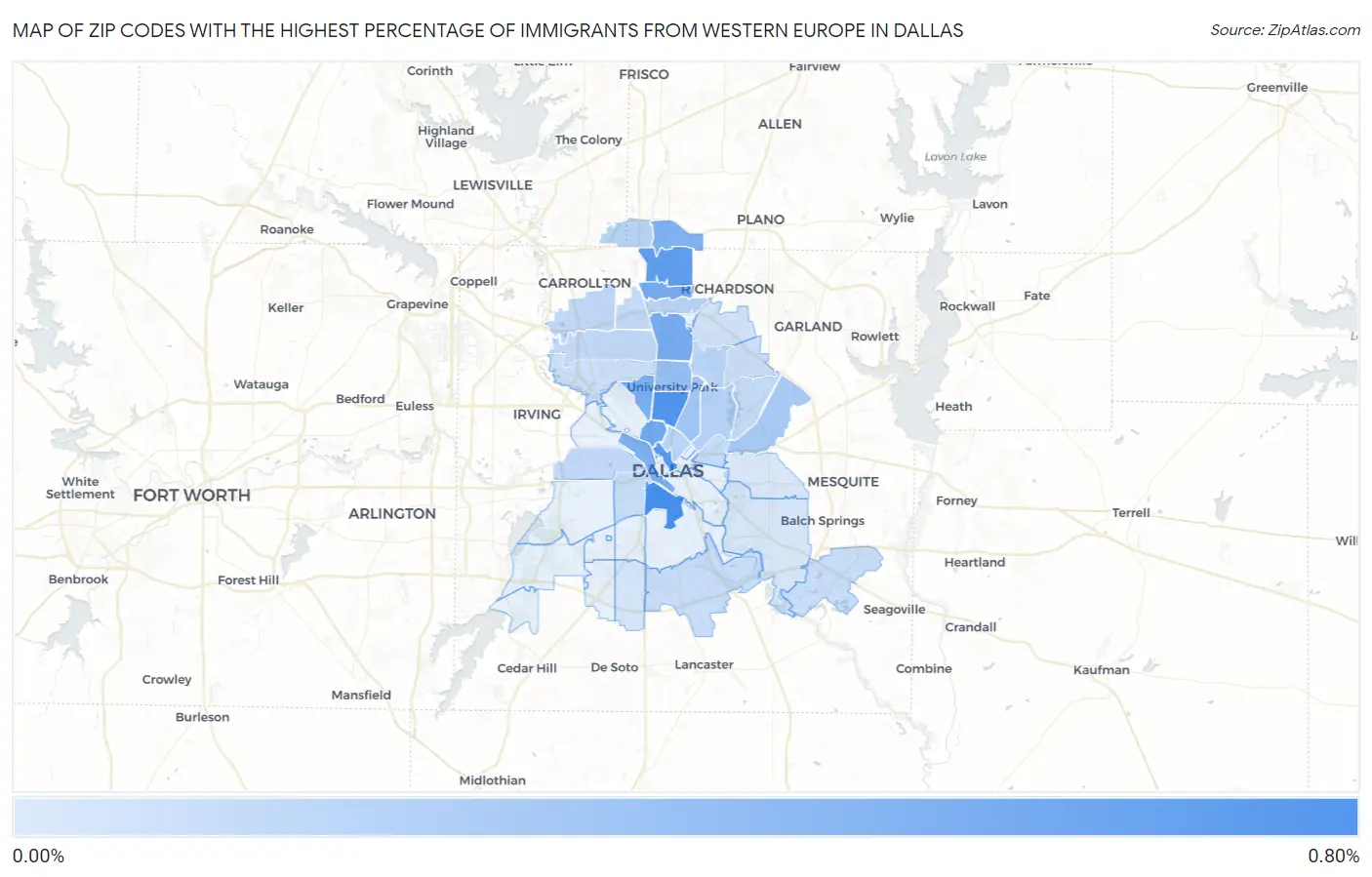 Zip Codes with the Highest Percentage of Immigrants from Western Europe in Dallas Map