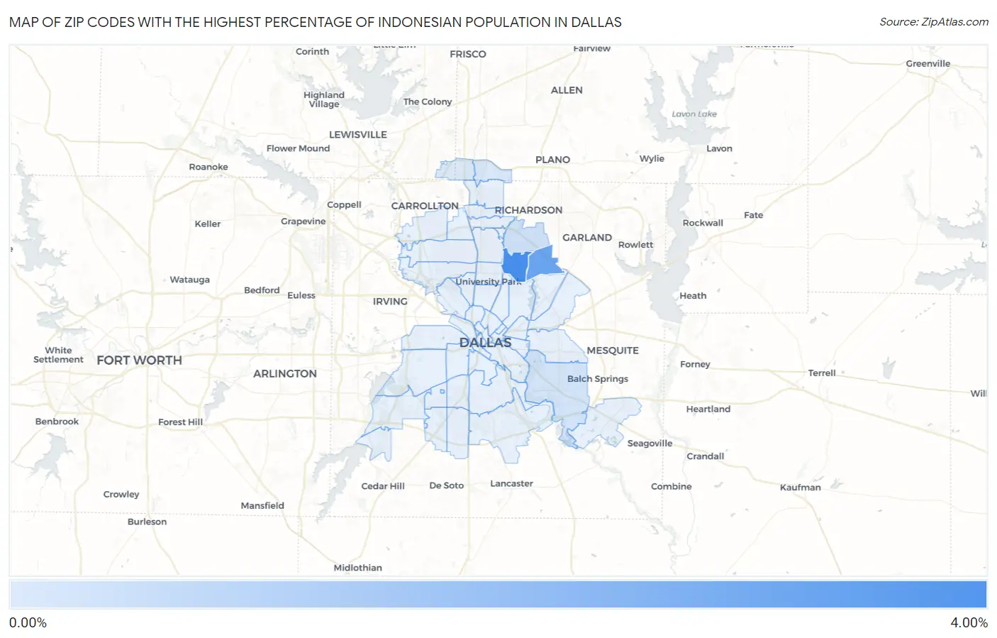 Zip Codes with the Highest Percentage of Indonesian Population in Dallas Map