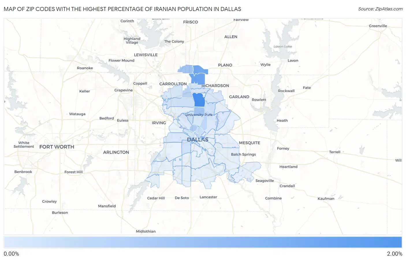 Zip Codes with the Highest Percentage of Iranian Population in Dallas Map