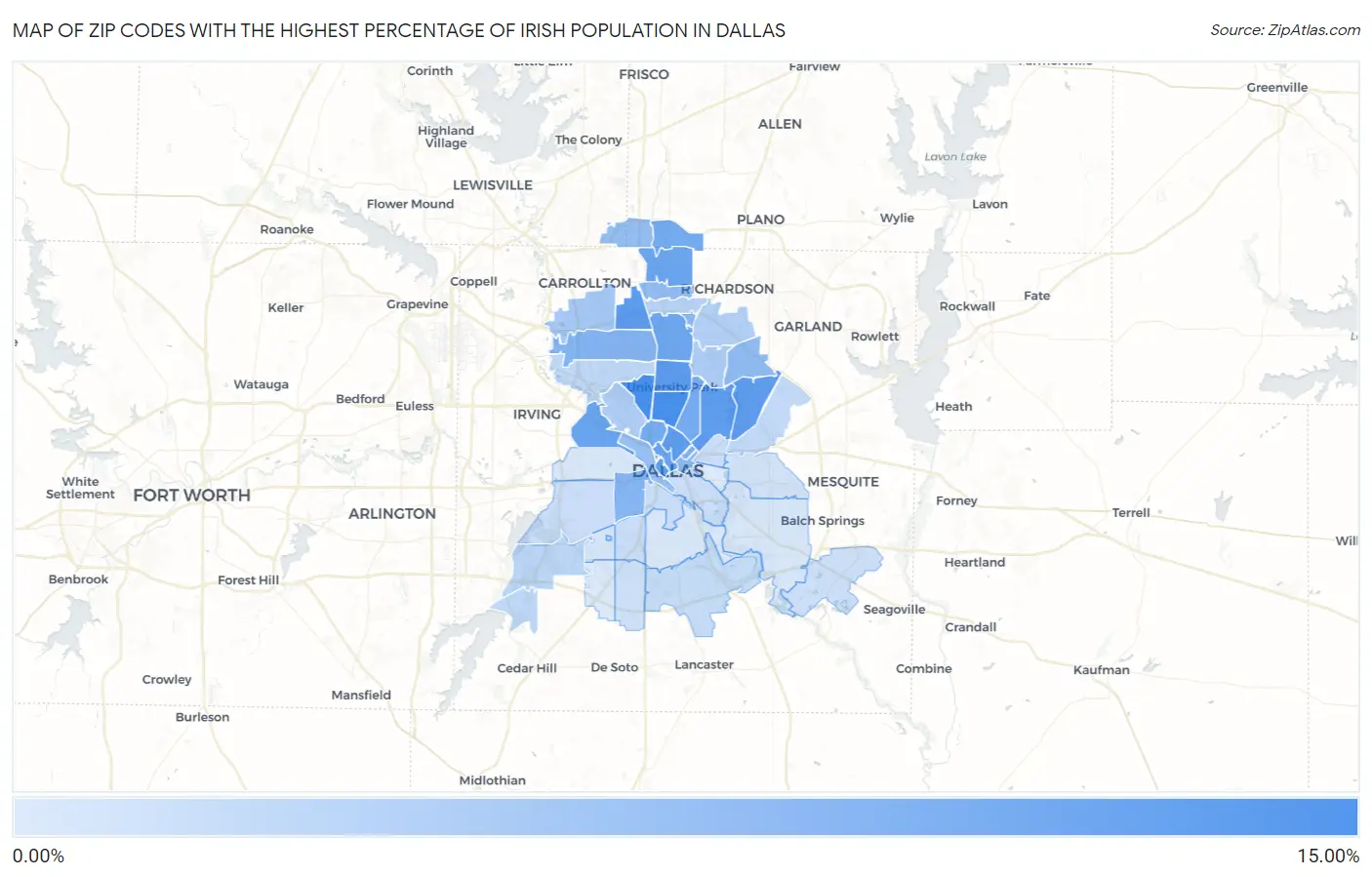 Zip Codes with the Highest Percentage of Irish Population in Dallas Map
