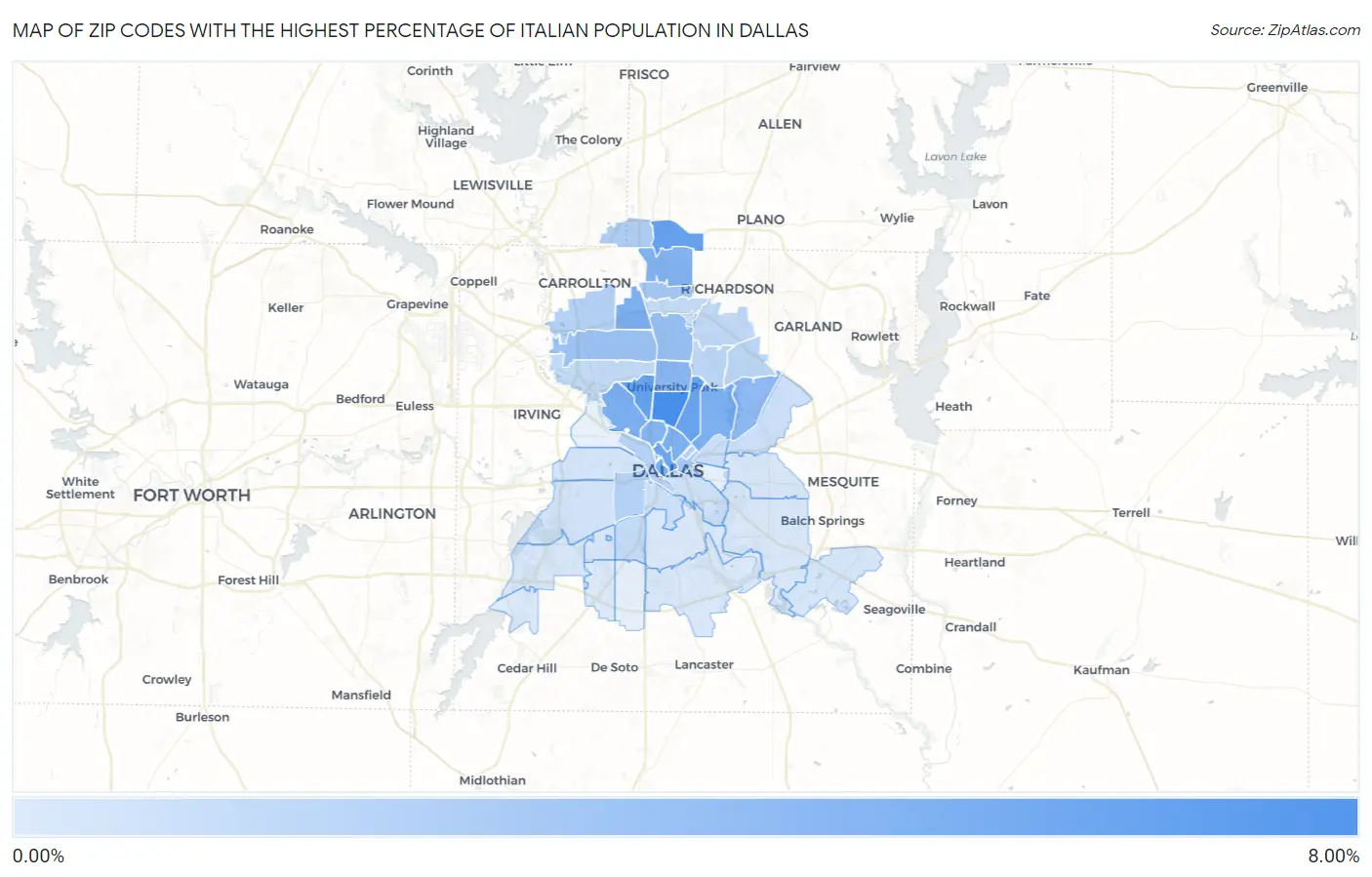 Zip Codes with the Highest Percentage of Italian Population in Dallas Map