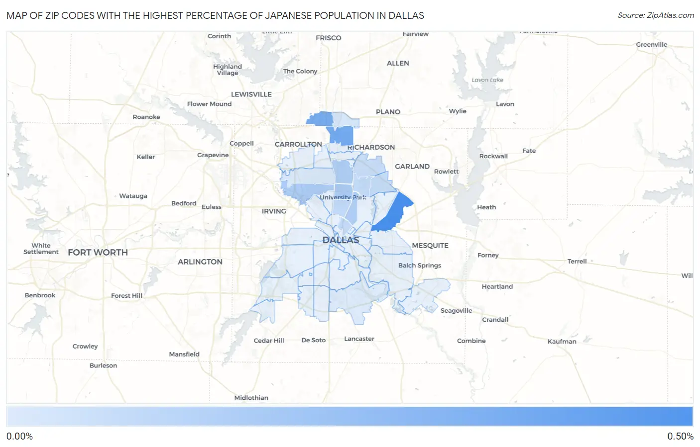 Zip Codes with the Highest Percentage of Japanese Population in Dallas Map