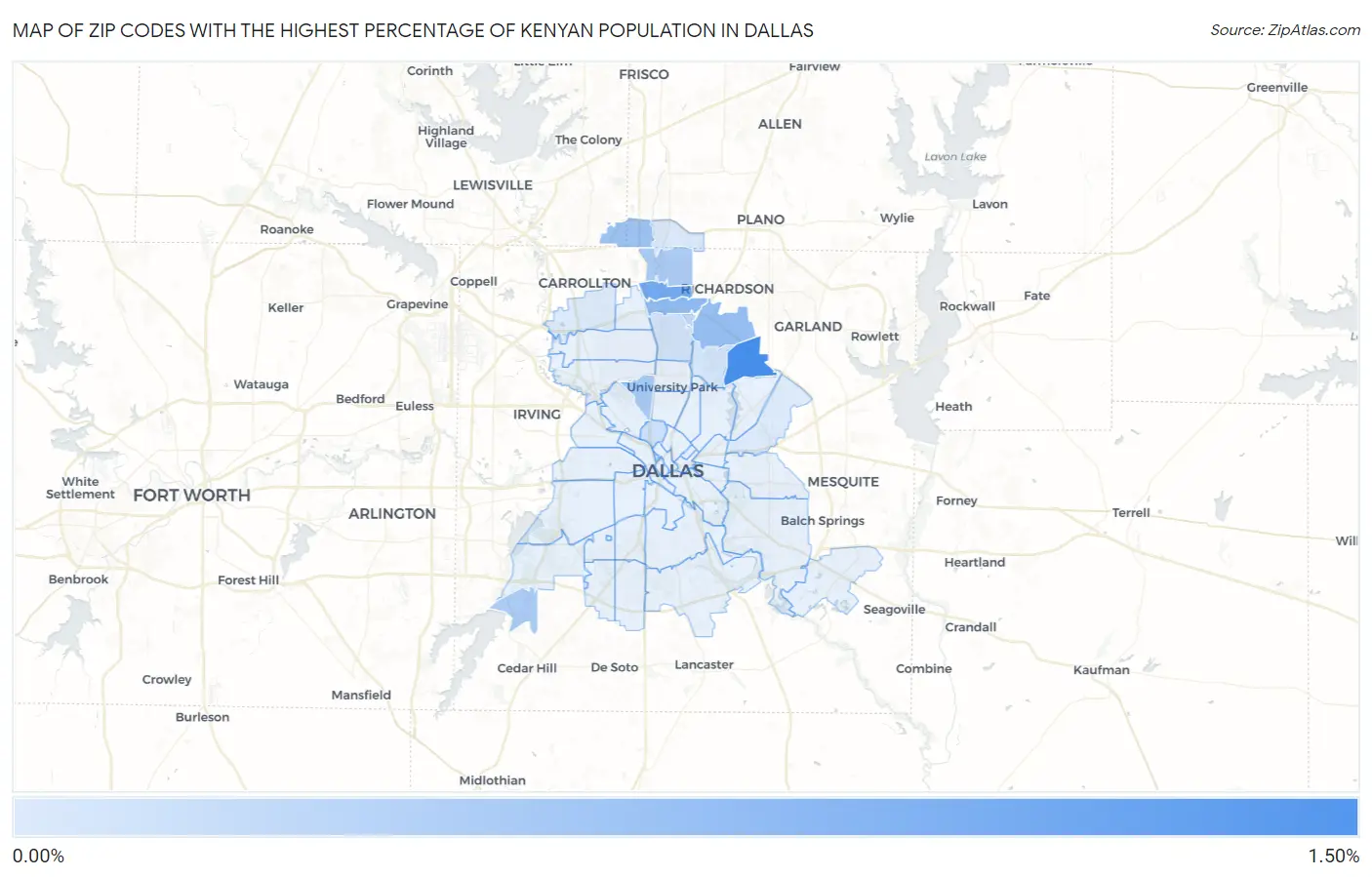 Zip Codes with the Highest Percentage of Kenyan Population in Dallas Map