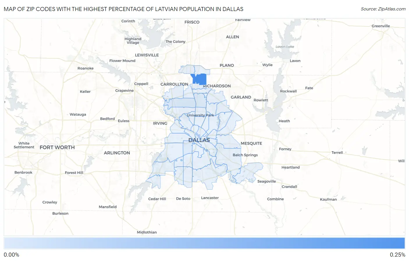 Zip Codes with the Highest Percentage of Latvian Population in Dallas Map