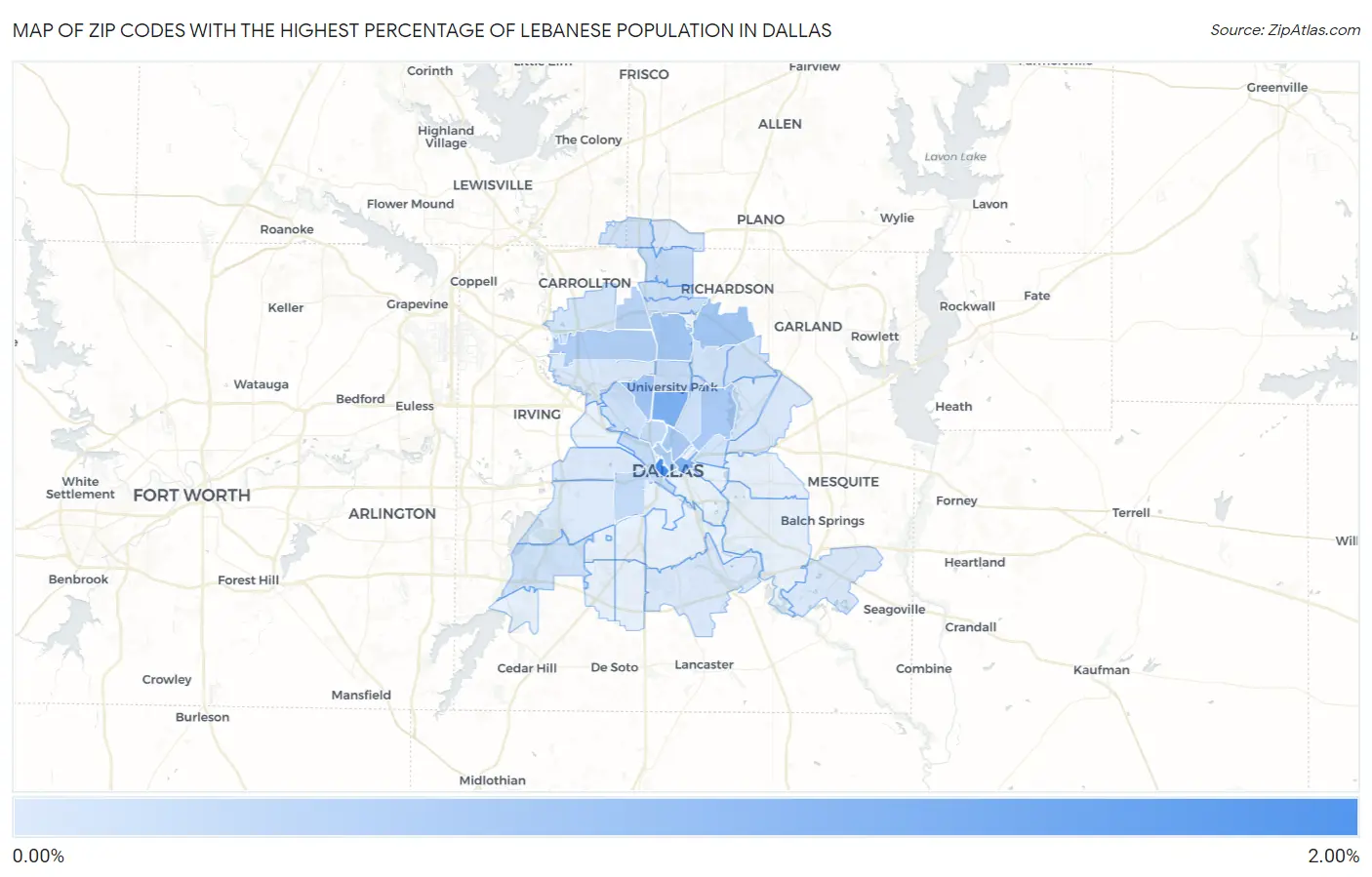 Zip Codes with the Highest Percentage of Lebanese Population in Dallas Map