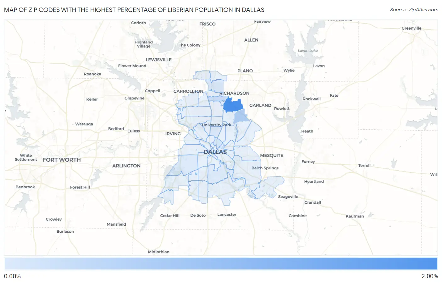Zip Codes with the Highest Percentage of Liberian Population in Dallas Map