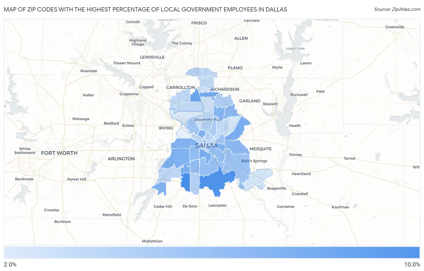 Zip Codes with the Highest Percentage of Local Government Employees in Dallas Map