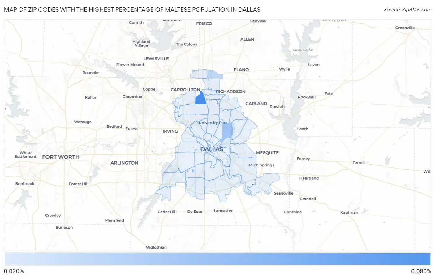 Zip Codes with the Highest Percentage of Maltese Population in Dallas Map