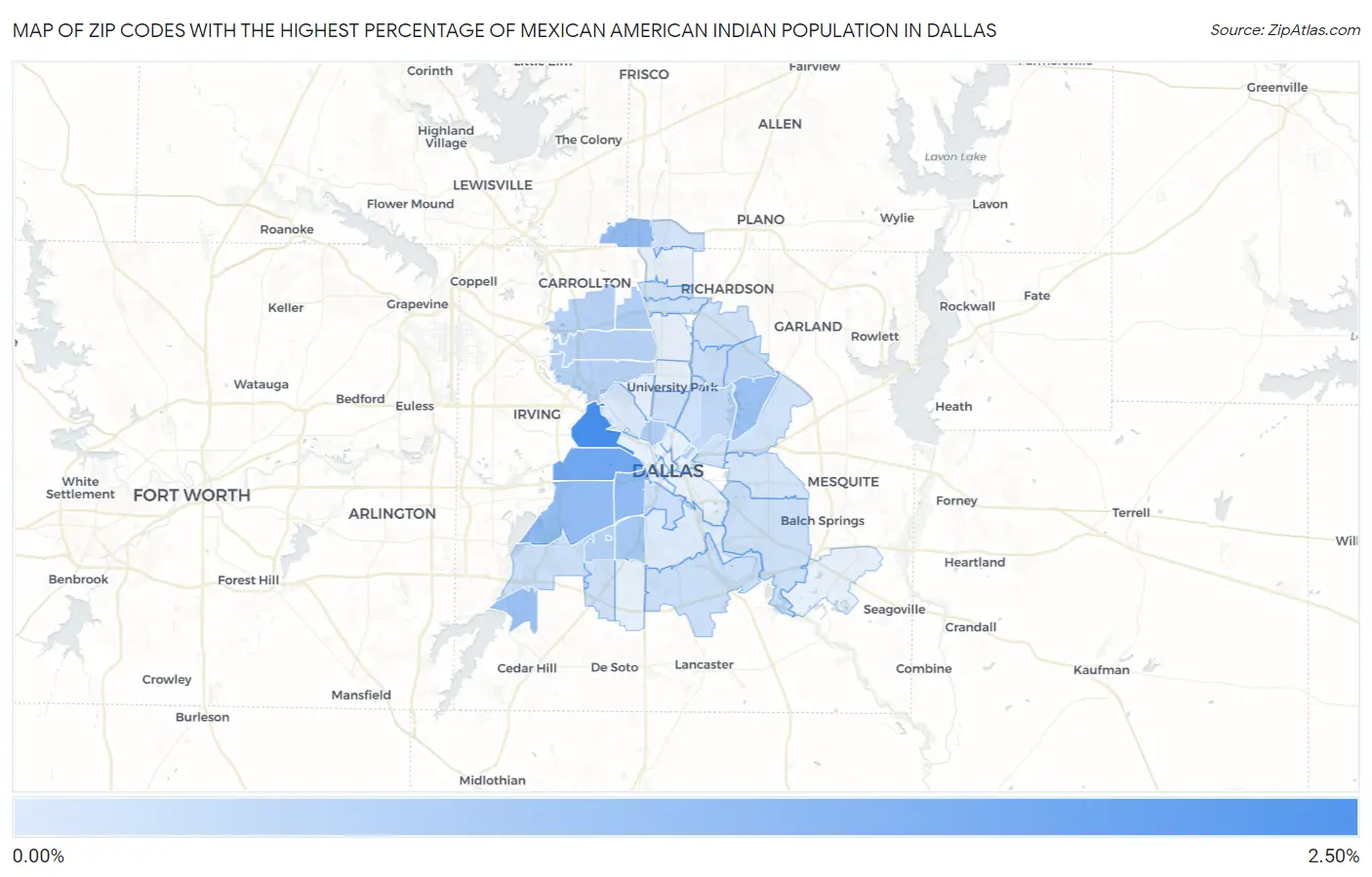 Zip Codes with the Highest Percentage of Mexican American Indian Population in Dallas Map