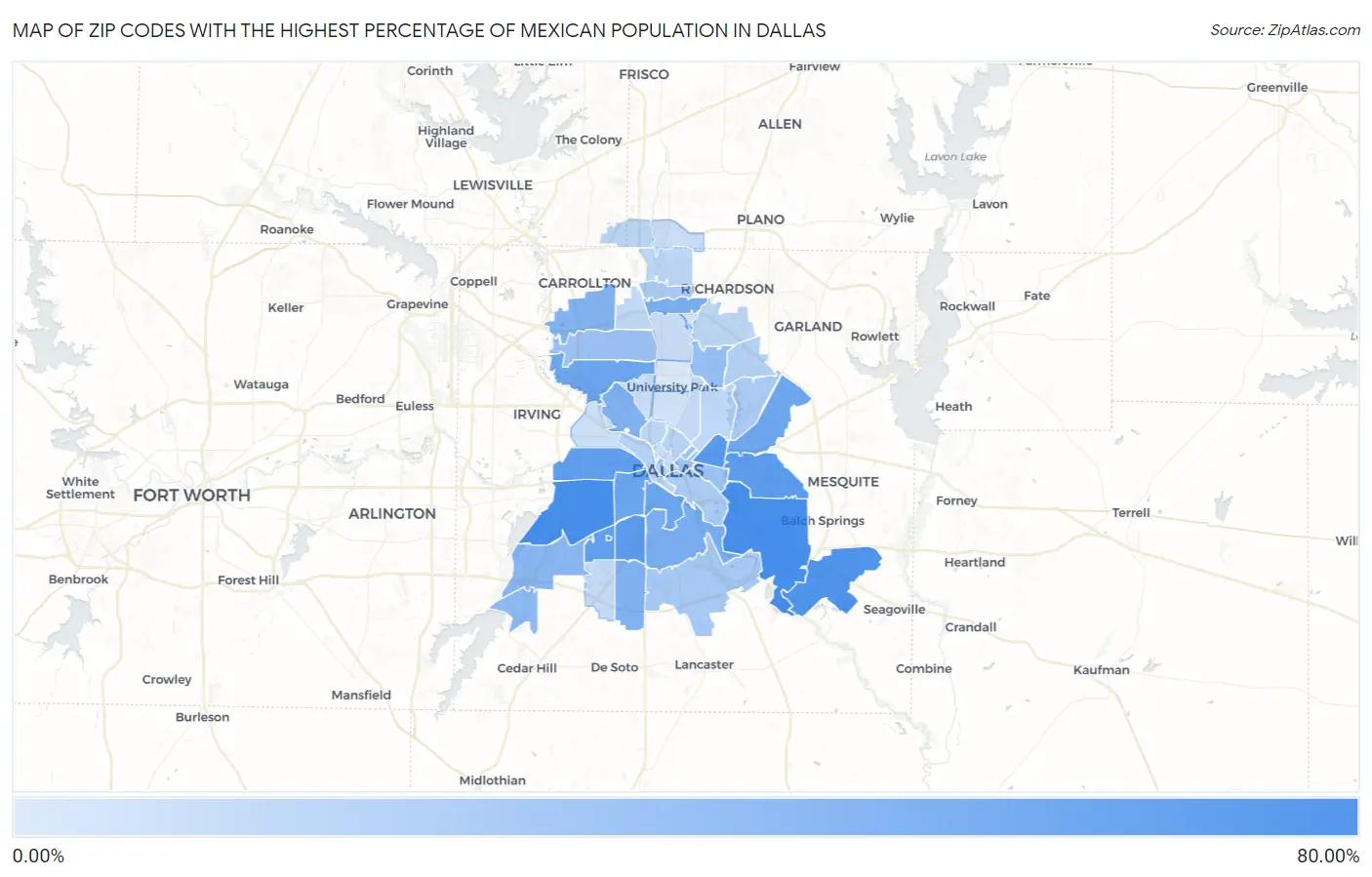 Zip Codes with the Highest Percentage of Mexican Population in Dallas Map