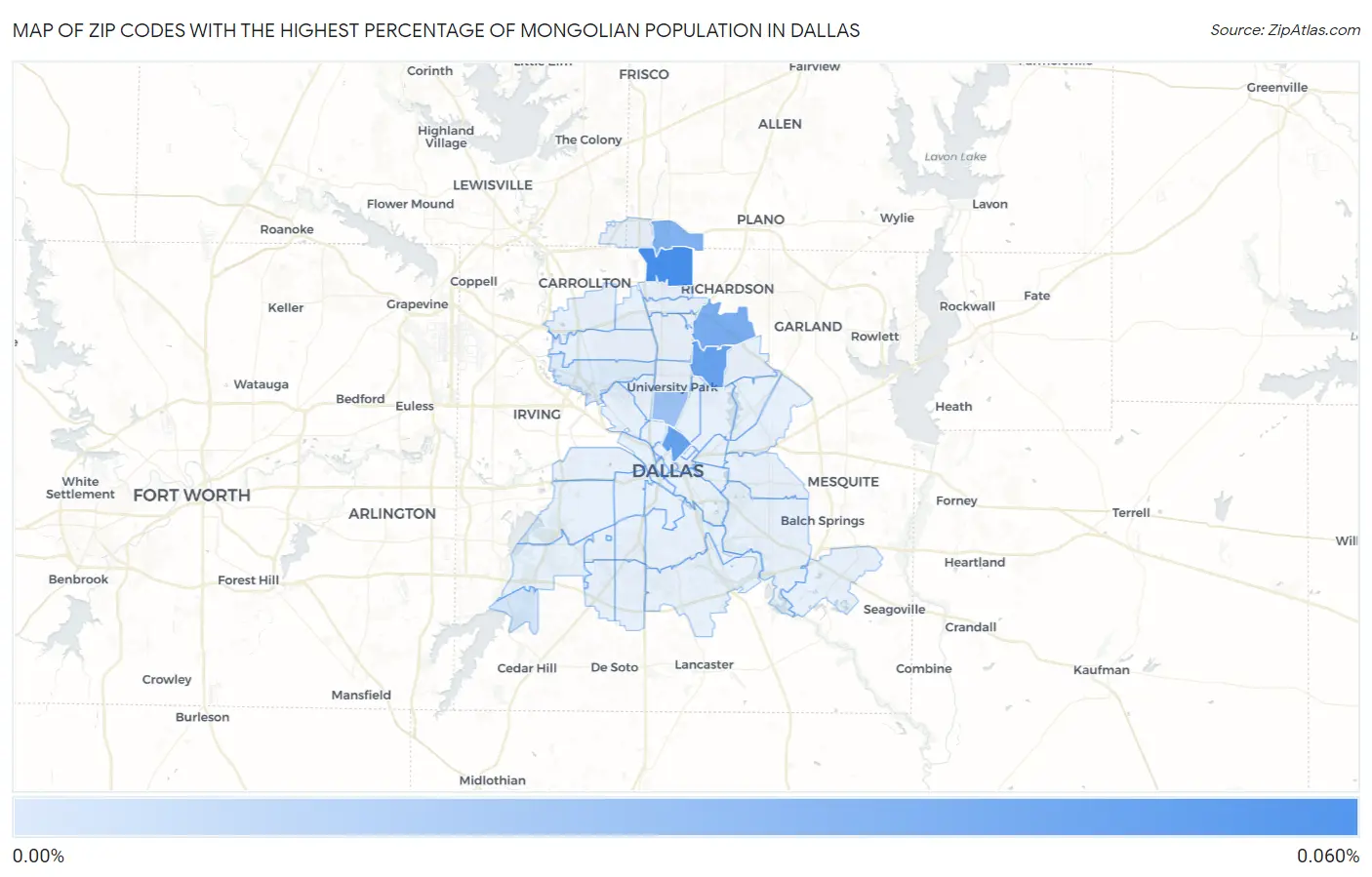 Zip Codes with the Highest Percentage of Mongolian Population in Dallas Map