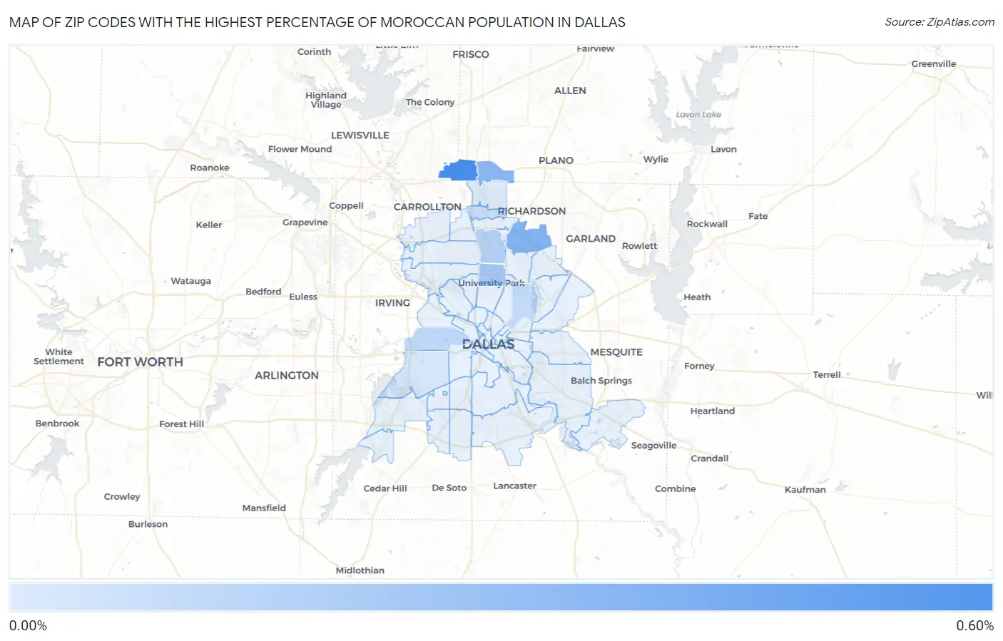 Zip Codes with the Highest Percentage of Moroccan Population in Dallas Map