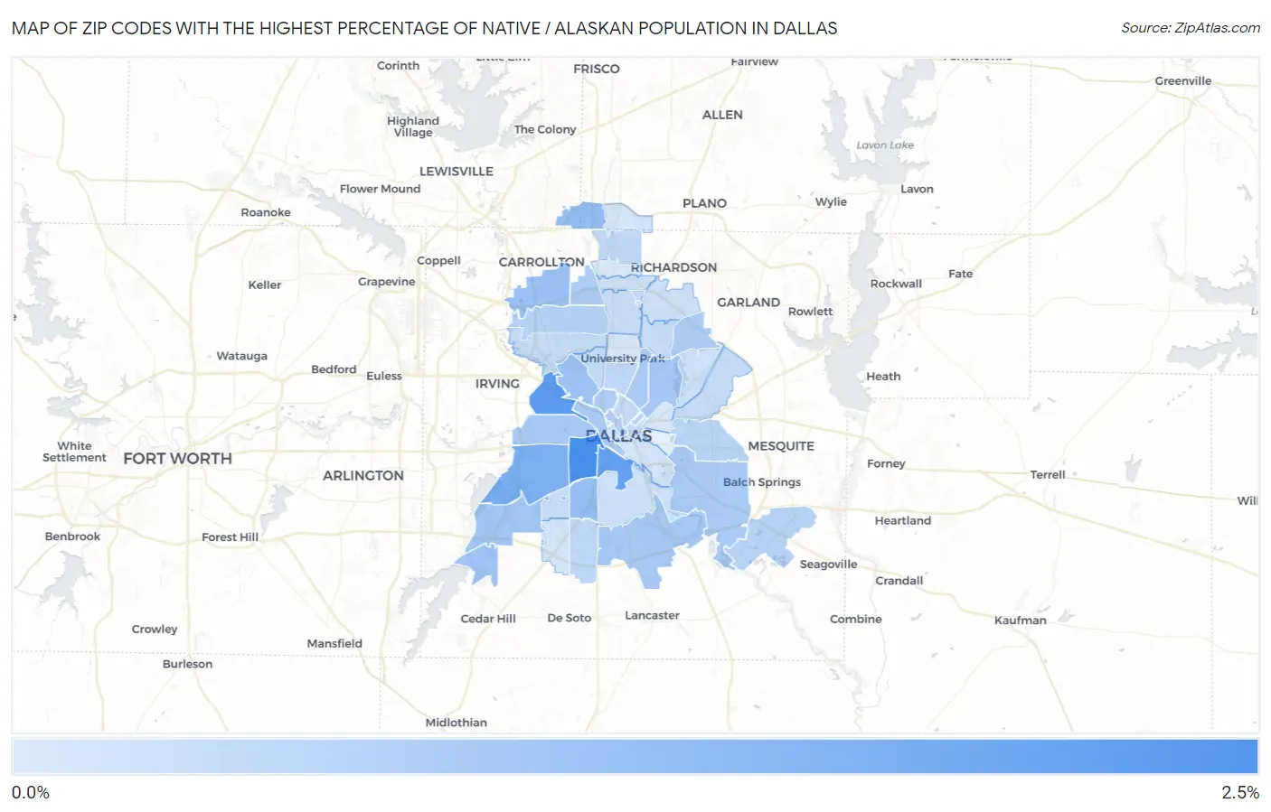 Zip Codes with the Highest Percentage of Native / Alaskan Population in Dallas Map