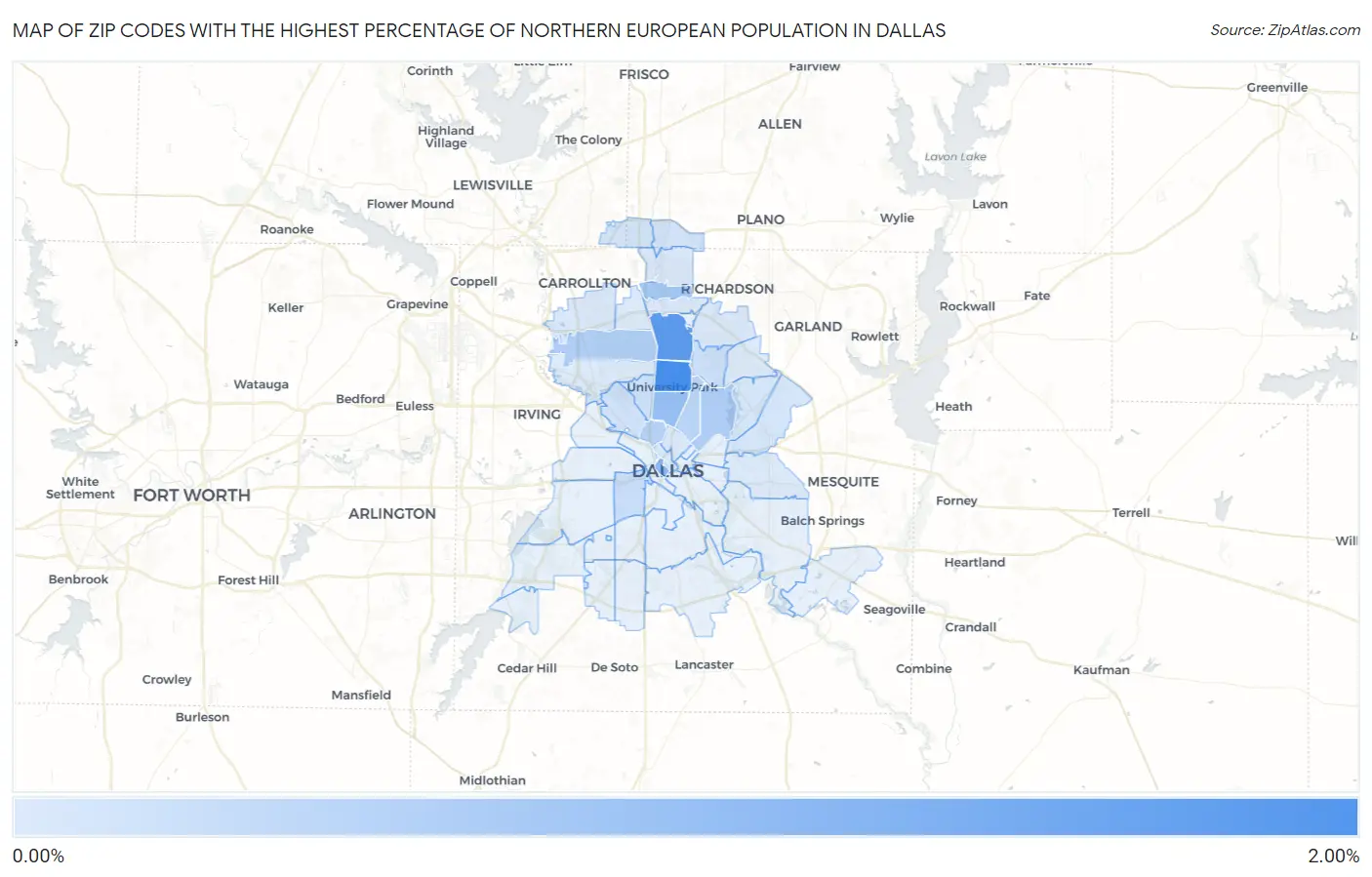 Zip Codes with the Highest Percentage of Northern European Population in Dallas Map