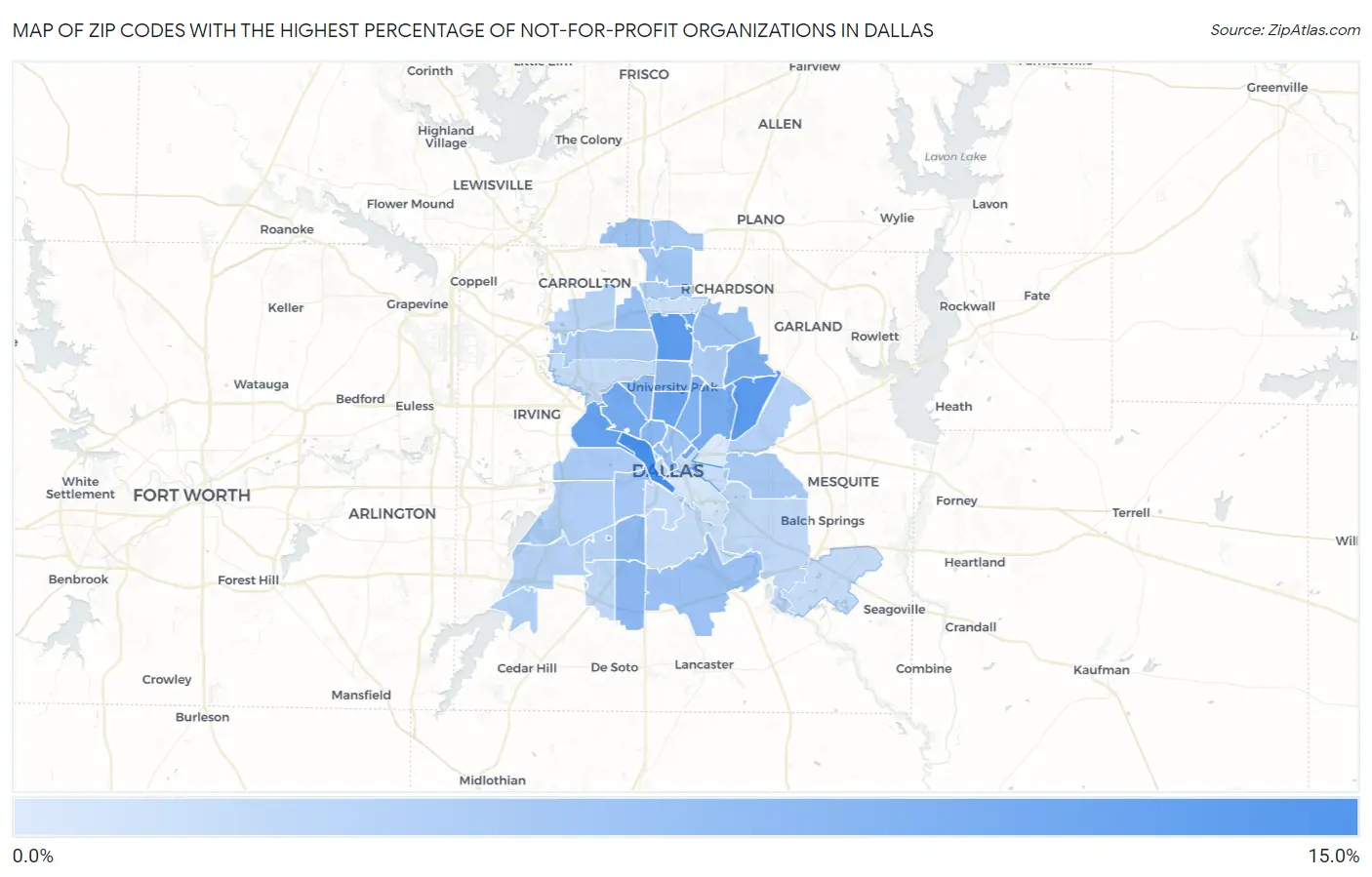 Zip Codes with the Highest Percentage of Not-for-profit Organizations in Dallas Map
