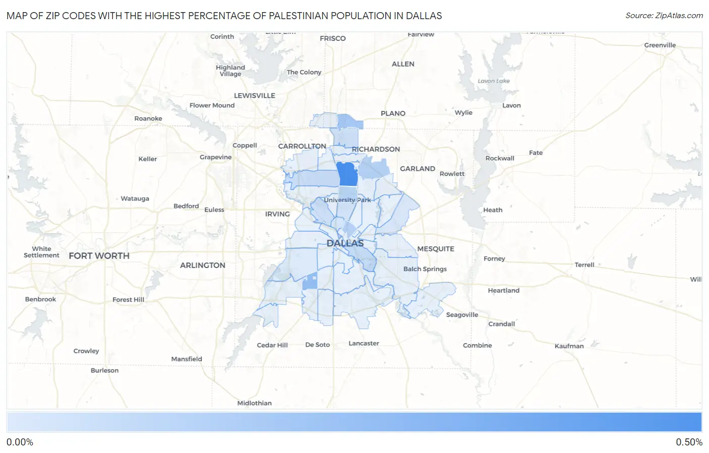 Zip Codes with the Highest Percentage of Palestinian Population in Dallas Map