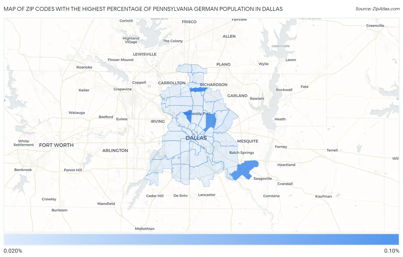 Zip Codes with the Highest Percentage of Pennsylvania German Population in Dallas Map