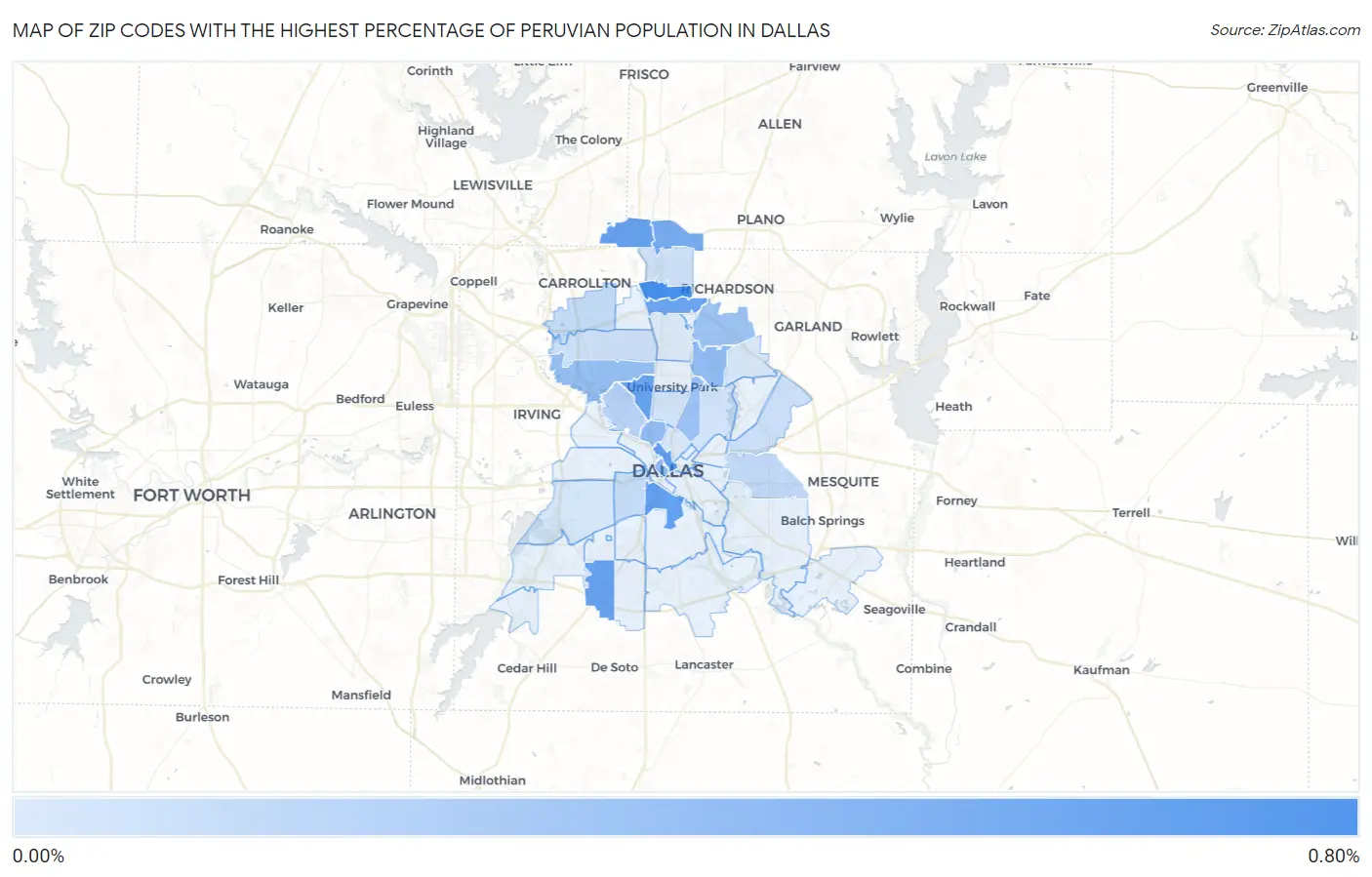 Zip Codes with the Highest Percentage of Peruvian Population in Dallas Map