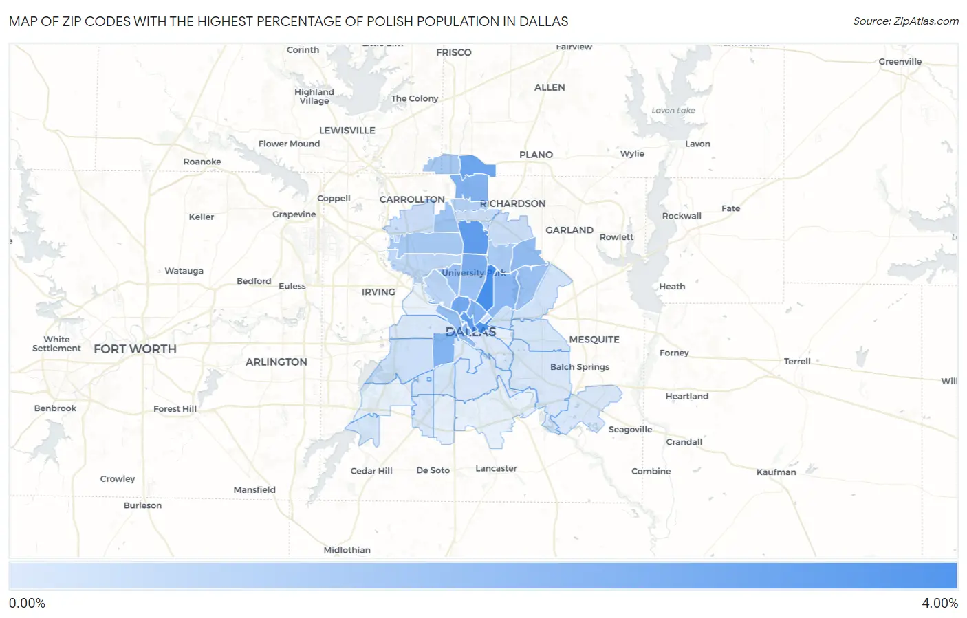 Zip Codes with the Highest Percentage of Polish Population in Dallas Map