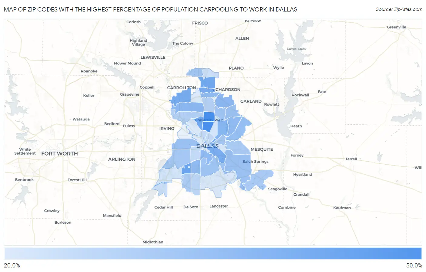 Zip Codes with the Highest Percentage of Population Carpooling to Work in Dallas Map