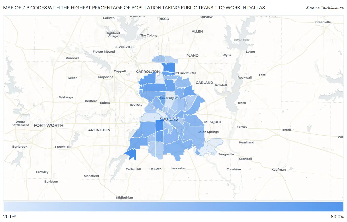 Zip Codes with the Highest Percentage of Population Taking Public Transit to Work in Dallas Map