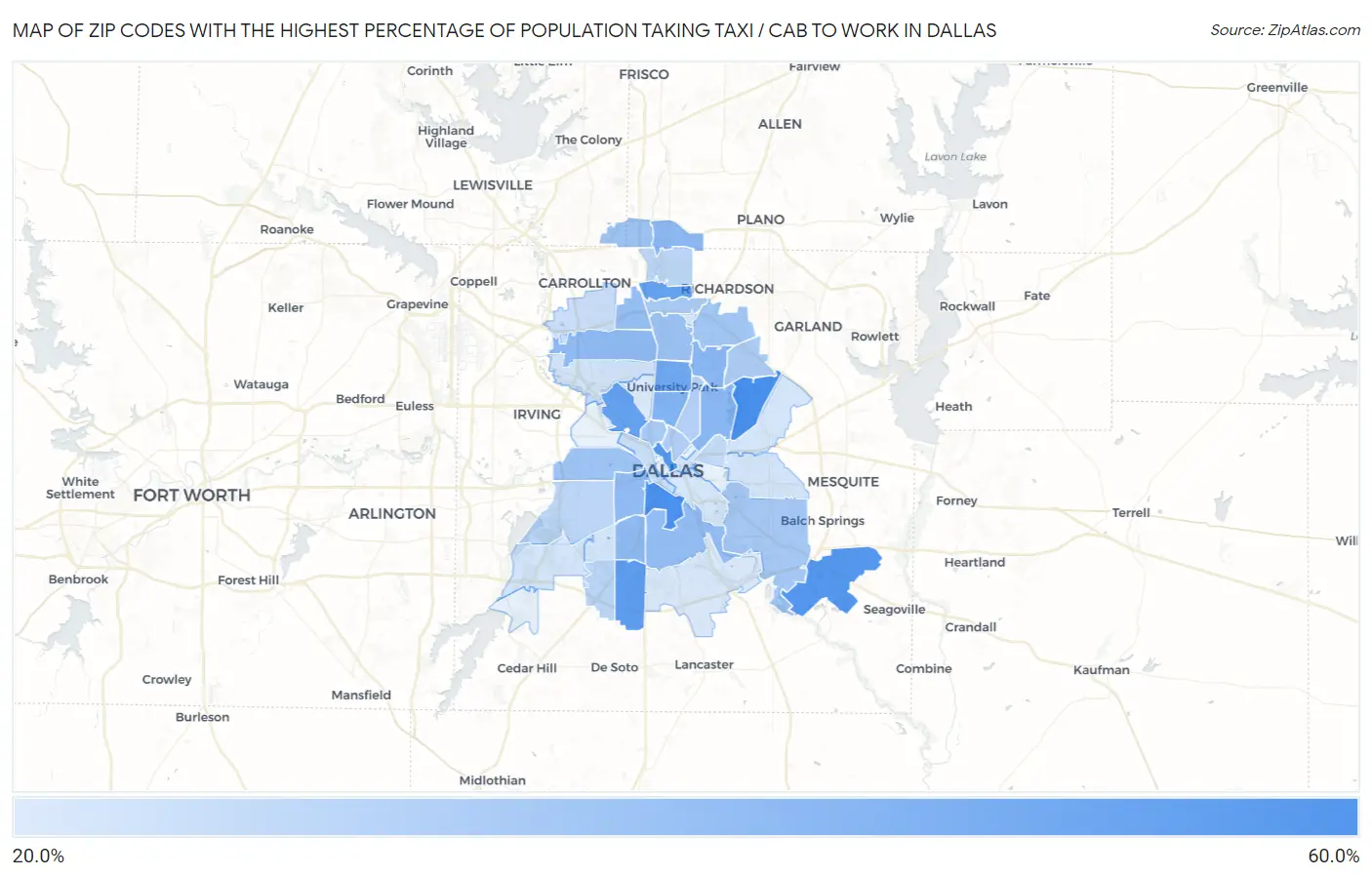 Zip Codes with the Highest Percentage of Population Taking Taxi / Cab to Work in Dallas Map