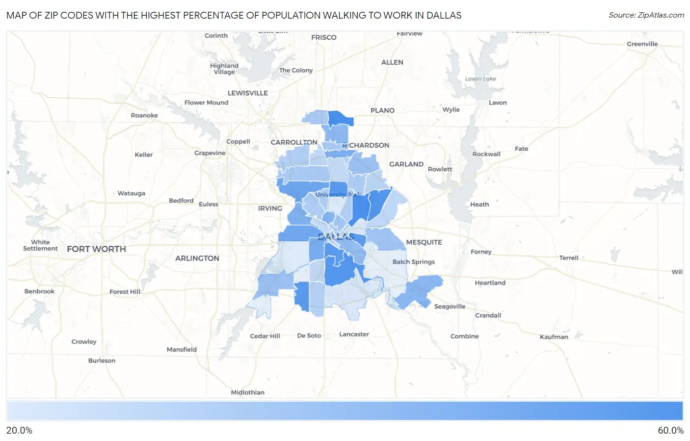 Zip Codes with the Highest Percentage of Population Walking to Work in Dallas Map