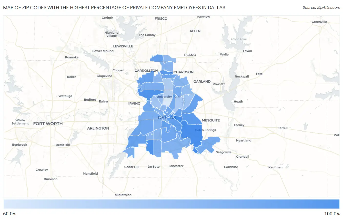 Zip Codes with the Highest Percentage of Private Company Employees in Dallas Map