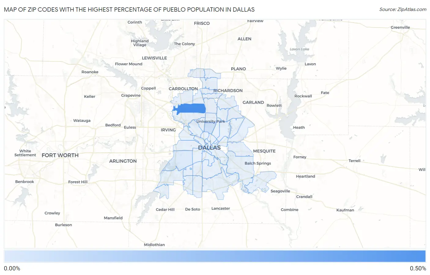Zip Codes with the Highest Percentage of Pueblo Population in Dallas Map
