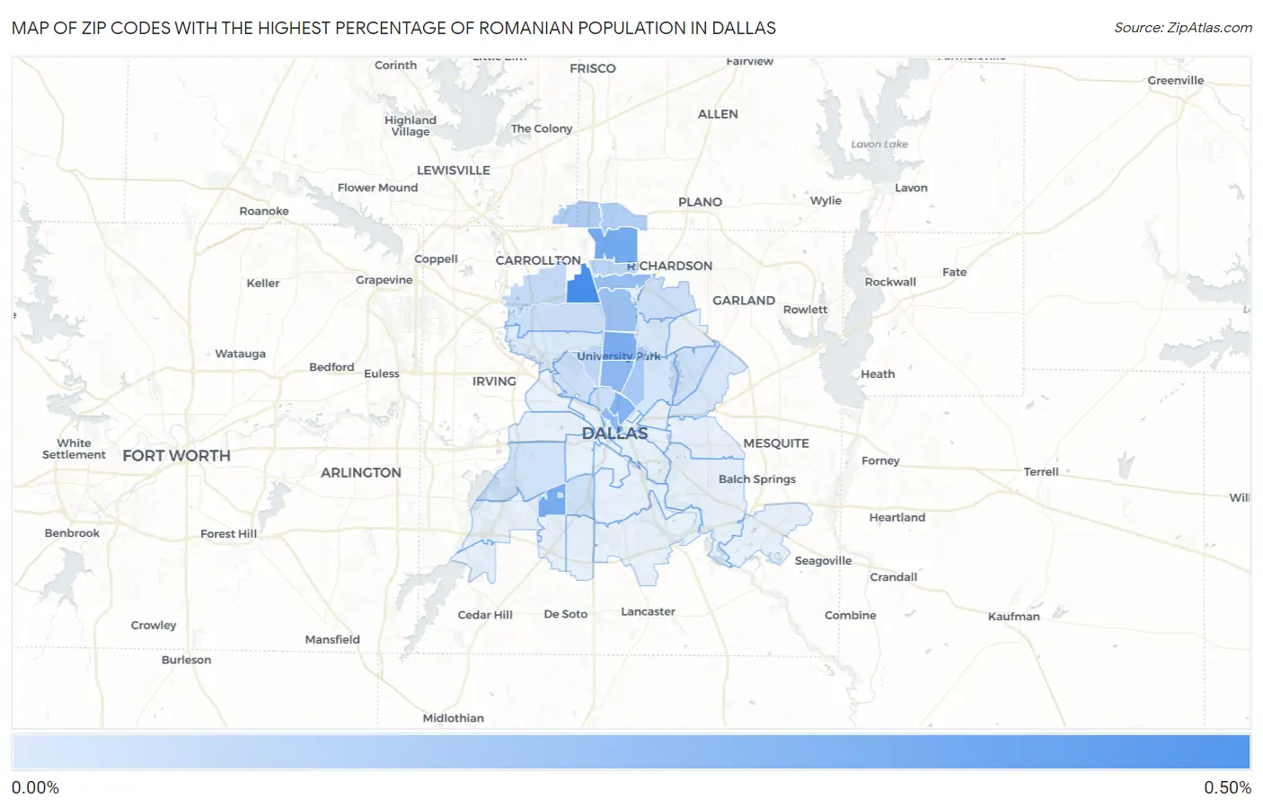 Zip Codes with the Highest Percentage of Romanian Population in Dallas Map
