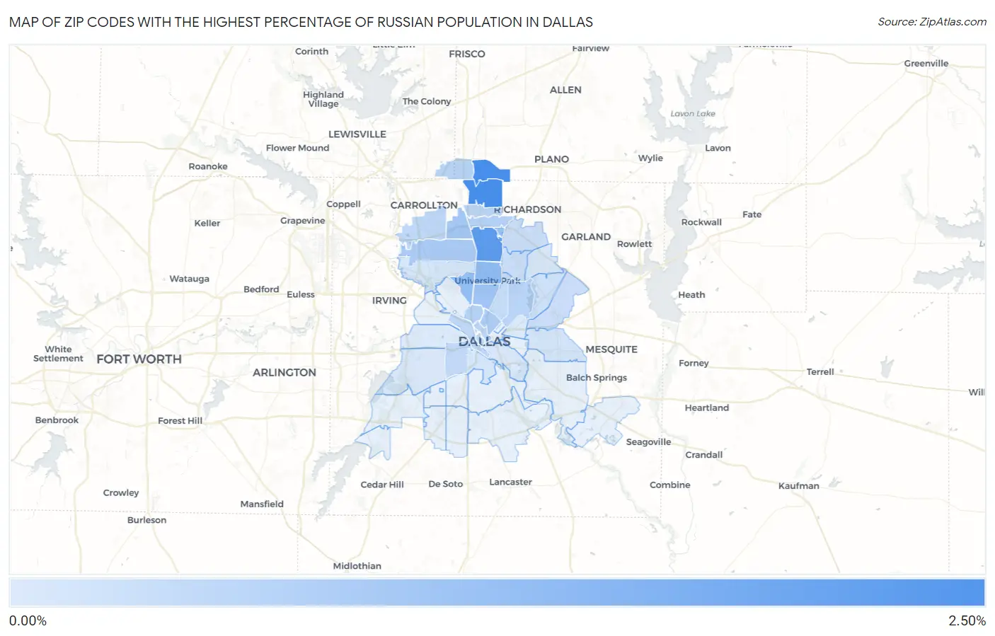 Zip Codes with the Highest Percentage of Russian Population in Dallas Map