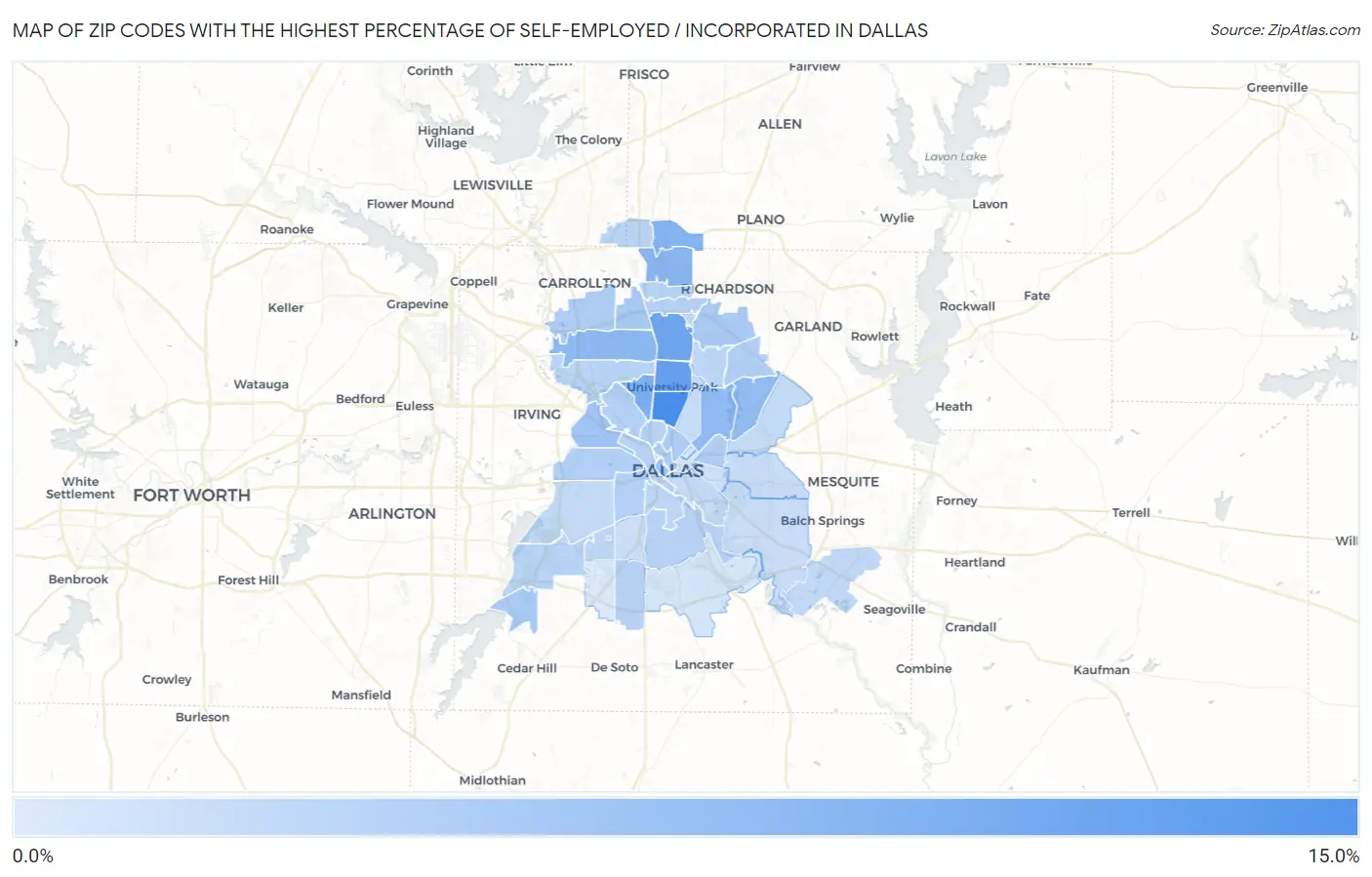 Zip Codes with the Highest Percentage of Self-Employed / Incorporated in Dallas Map